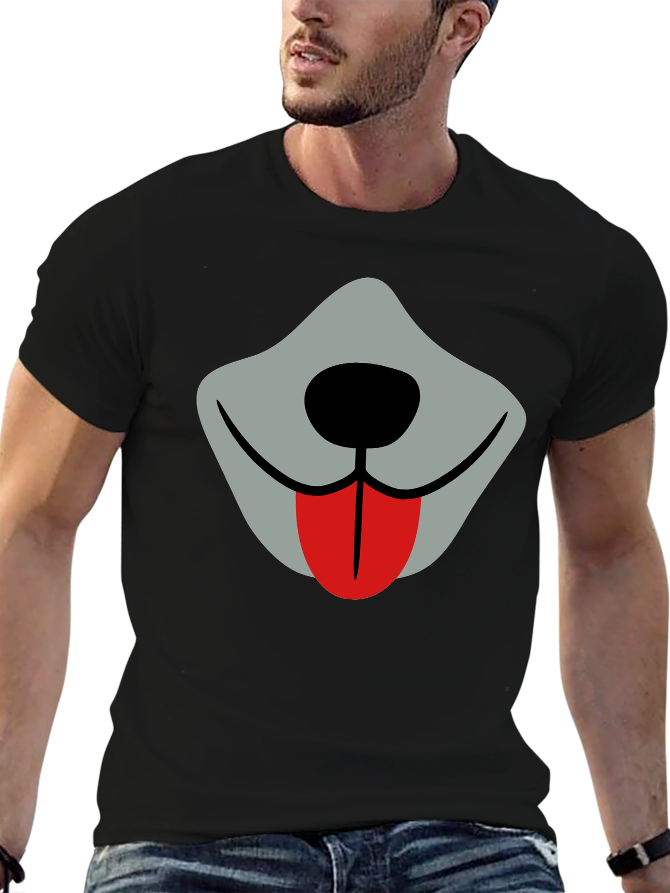 Black Funny Dog Face Graphic Tee - Black Crew Neck view 6