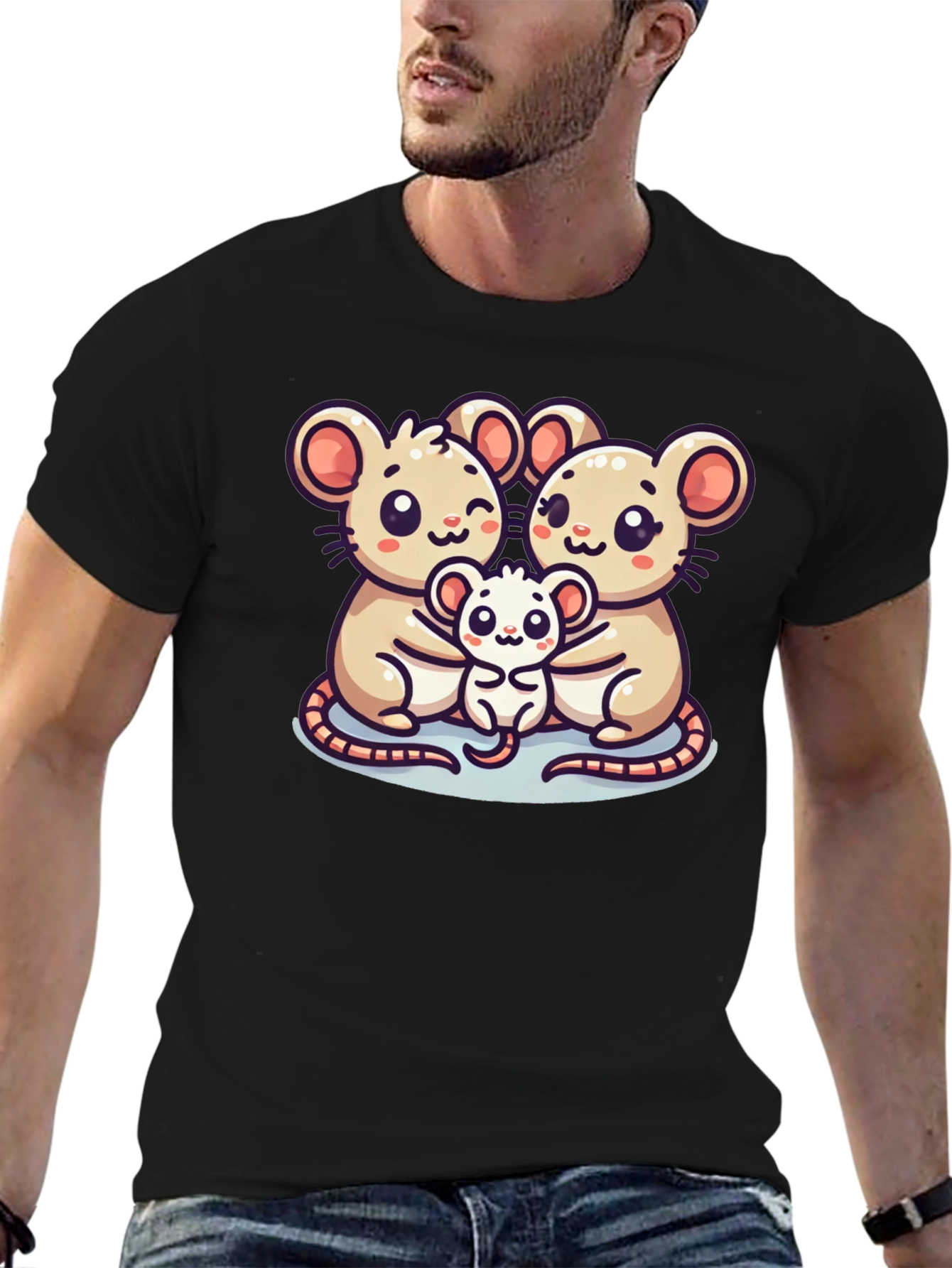 Black Cute Mouse Family Graphic Black T-Shirt view 6