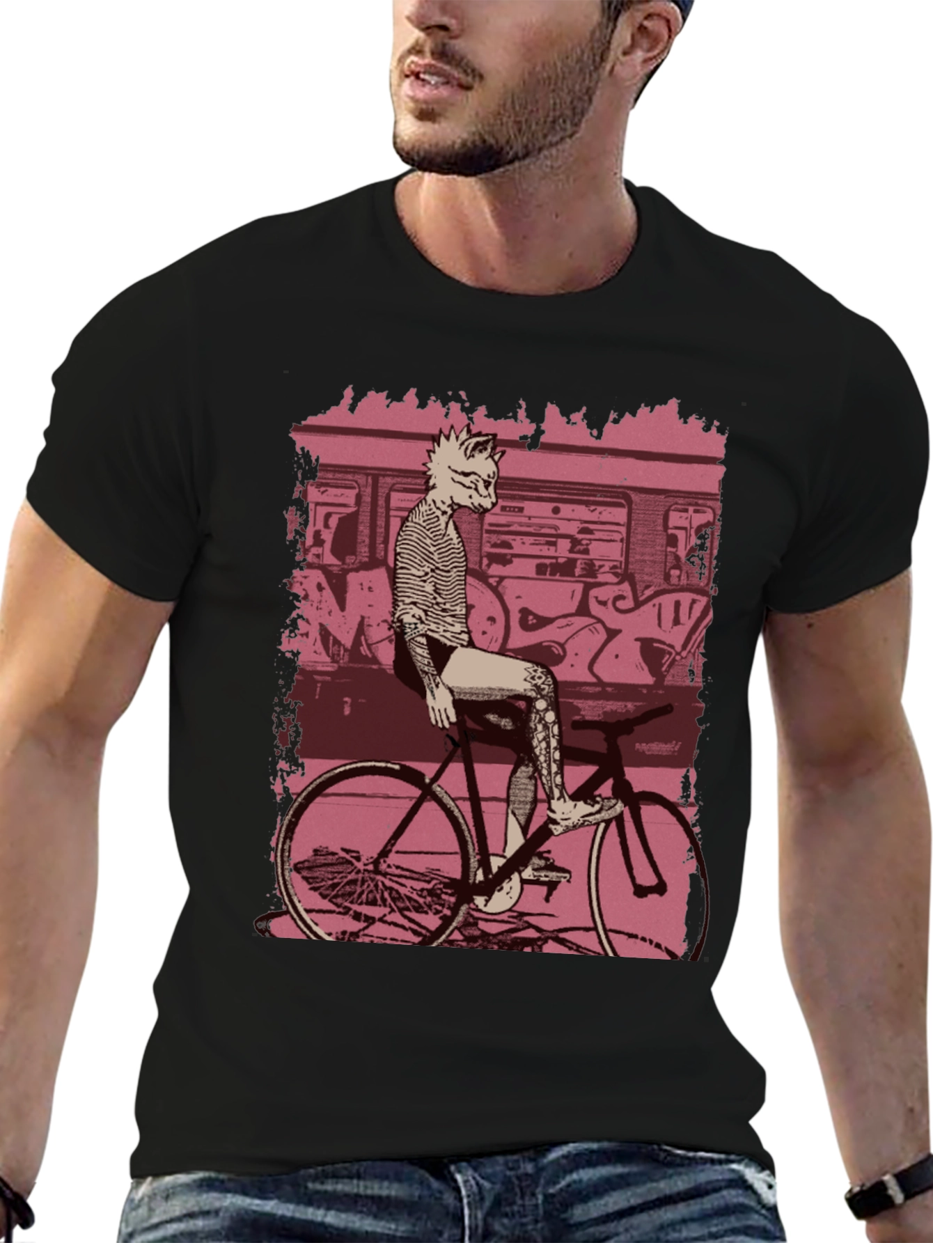 Black Urban Cat Biker T-Shirt - Street Style Tee view 6