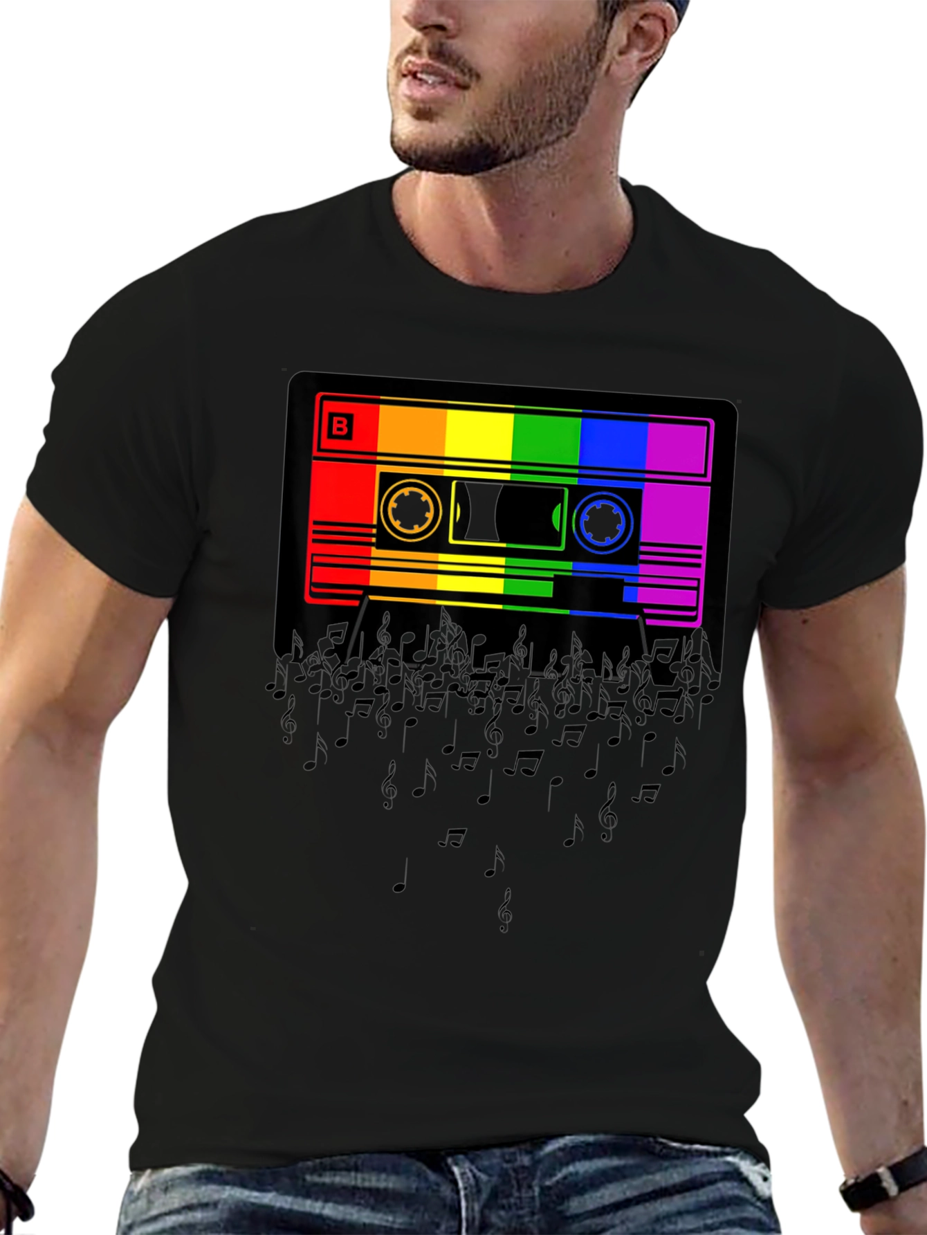 Black Rainbow Cassette Tape Music Notes Graphic T-Shirt view 6