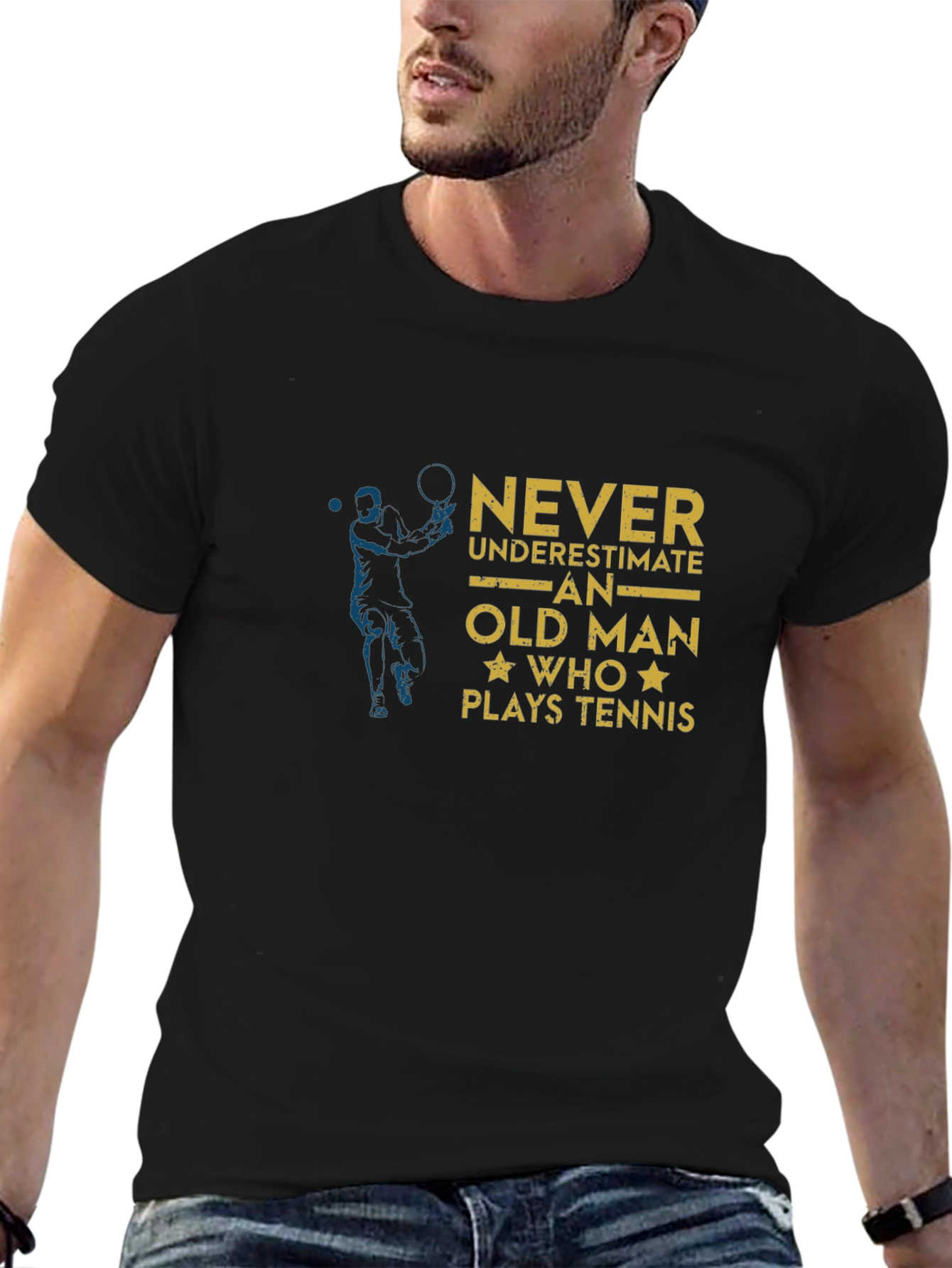 Black Funny Old Man Tennis Player Black T-Shirt view 6