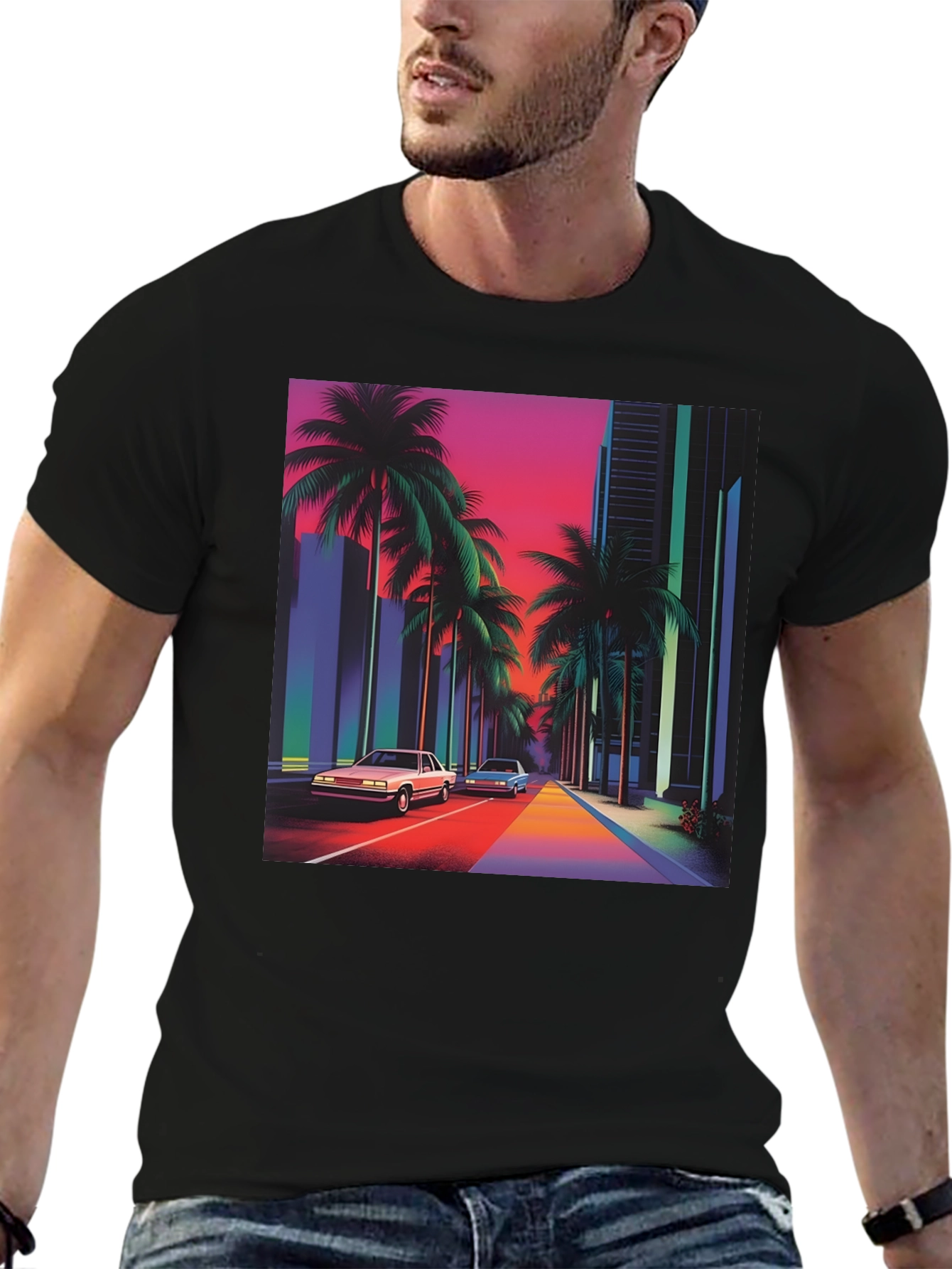 Black Retro 80s Synthwave T-Shirt view 6