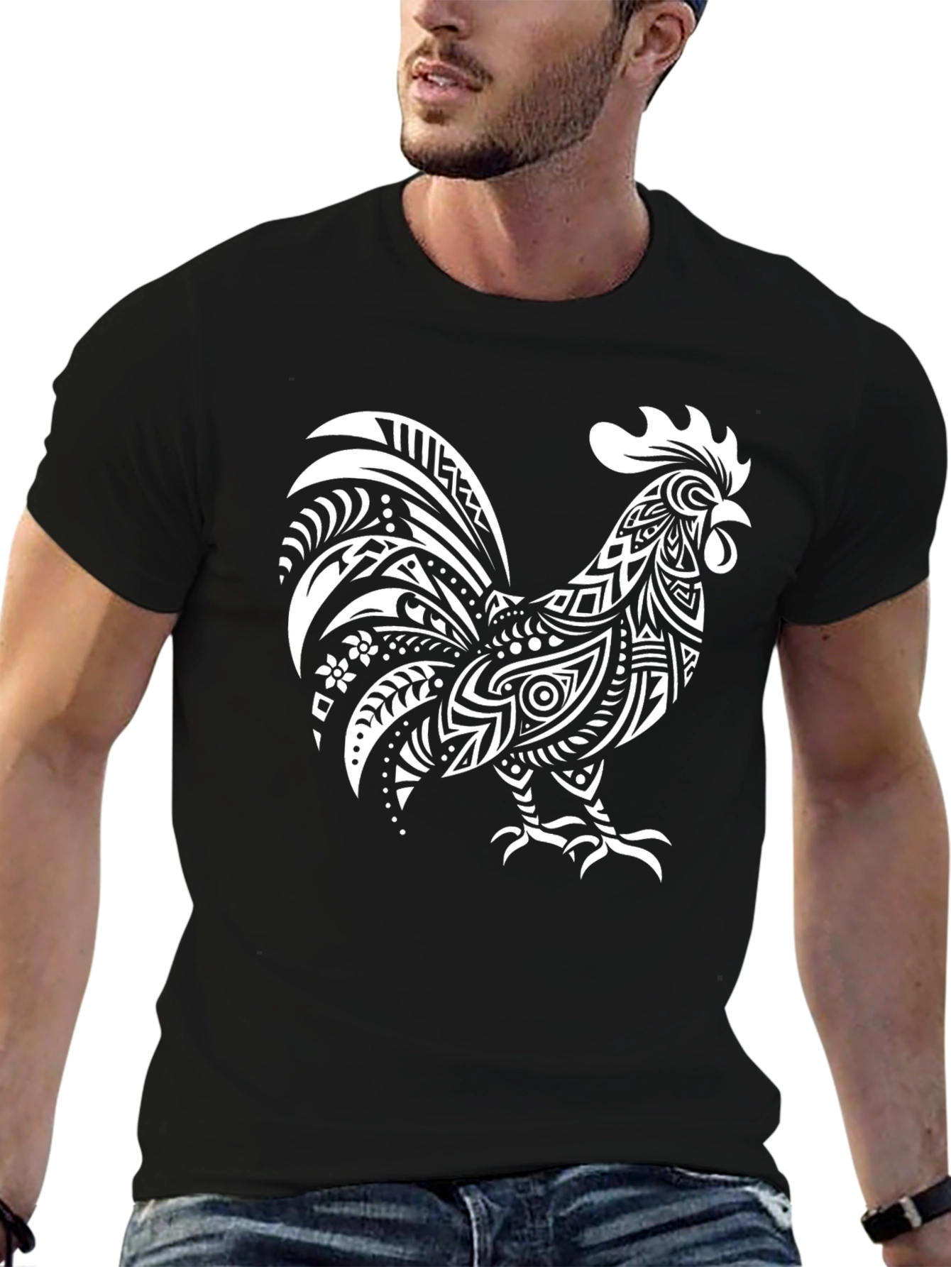 Black Tribal Rooster Graphic Tee - Black Cotton T-Shirt view 6