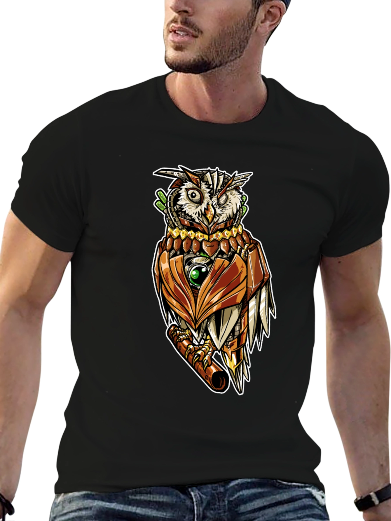Black Steampunk Owl Graphic Tee - Unique Design view 6