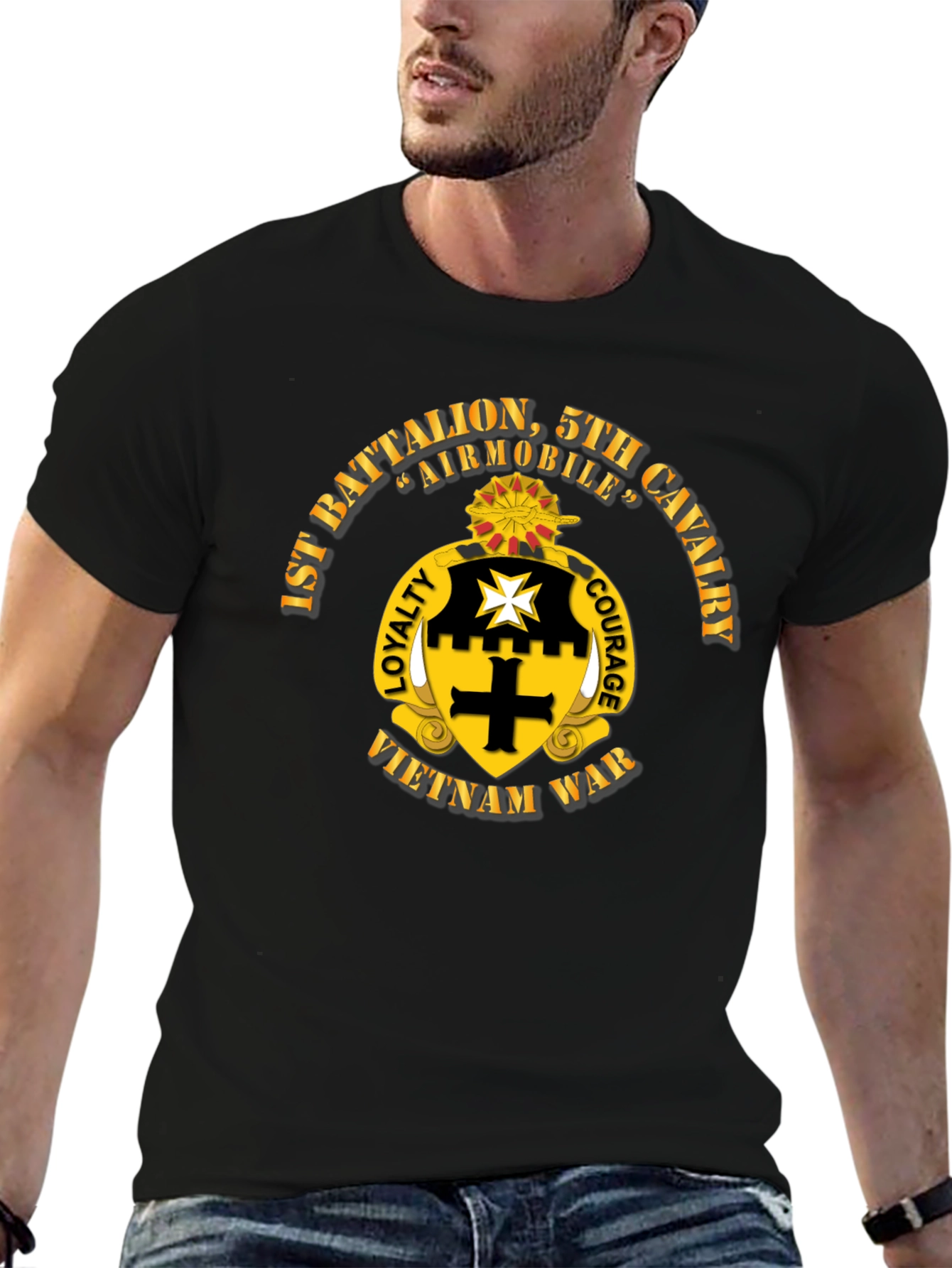 Black 1st Battalion, 5th Cavalry Vietnam War Black T-Shirt view 6