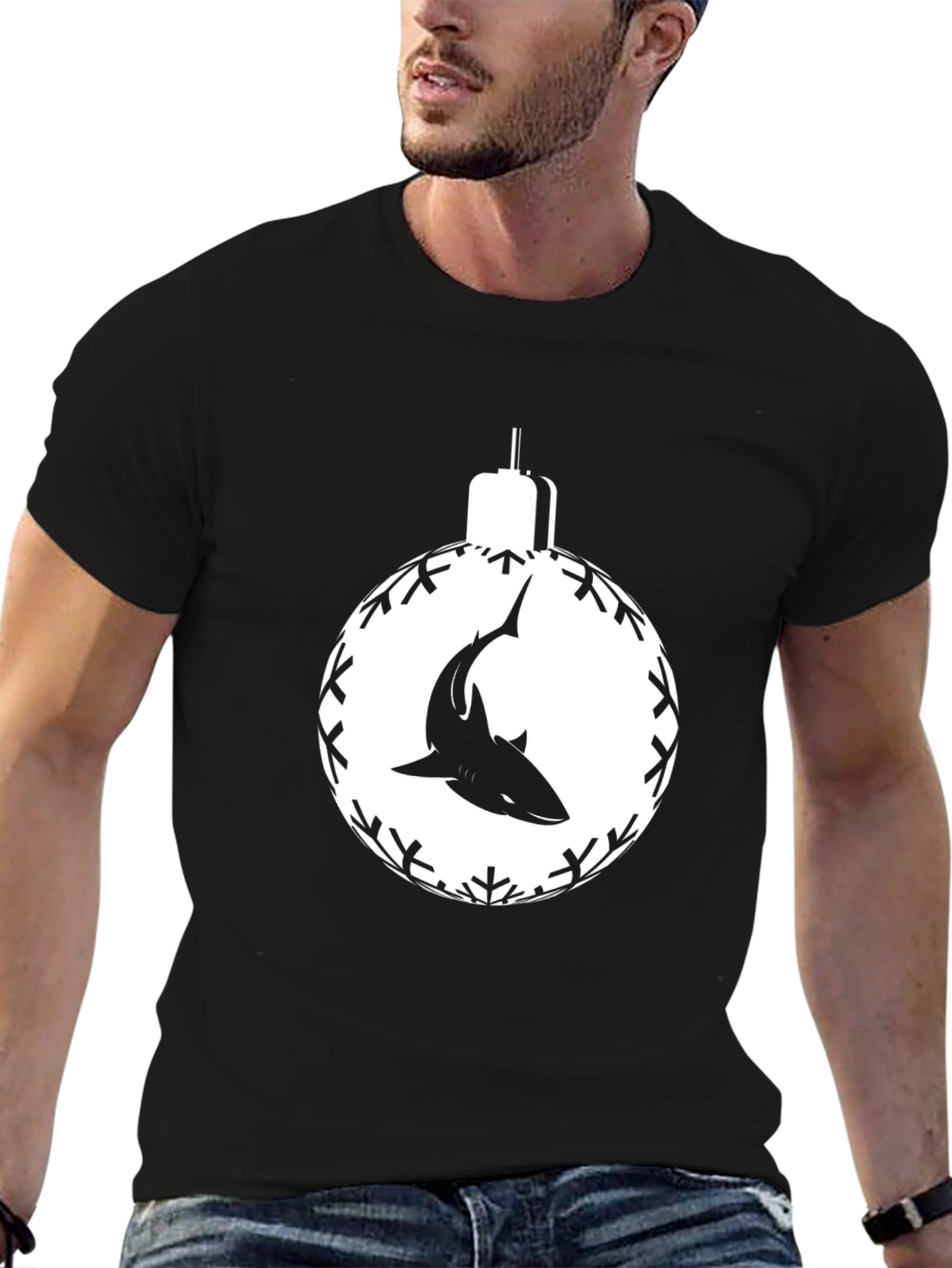 Black Shark Christmas Ornament Black T-Shirt view 6