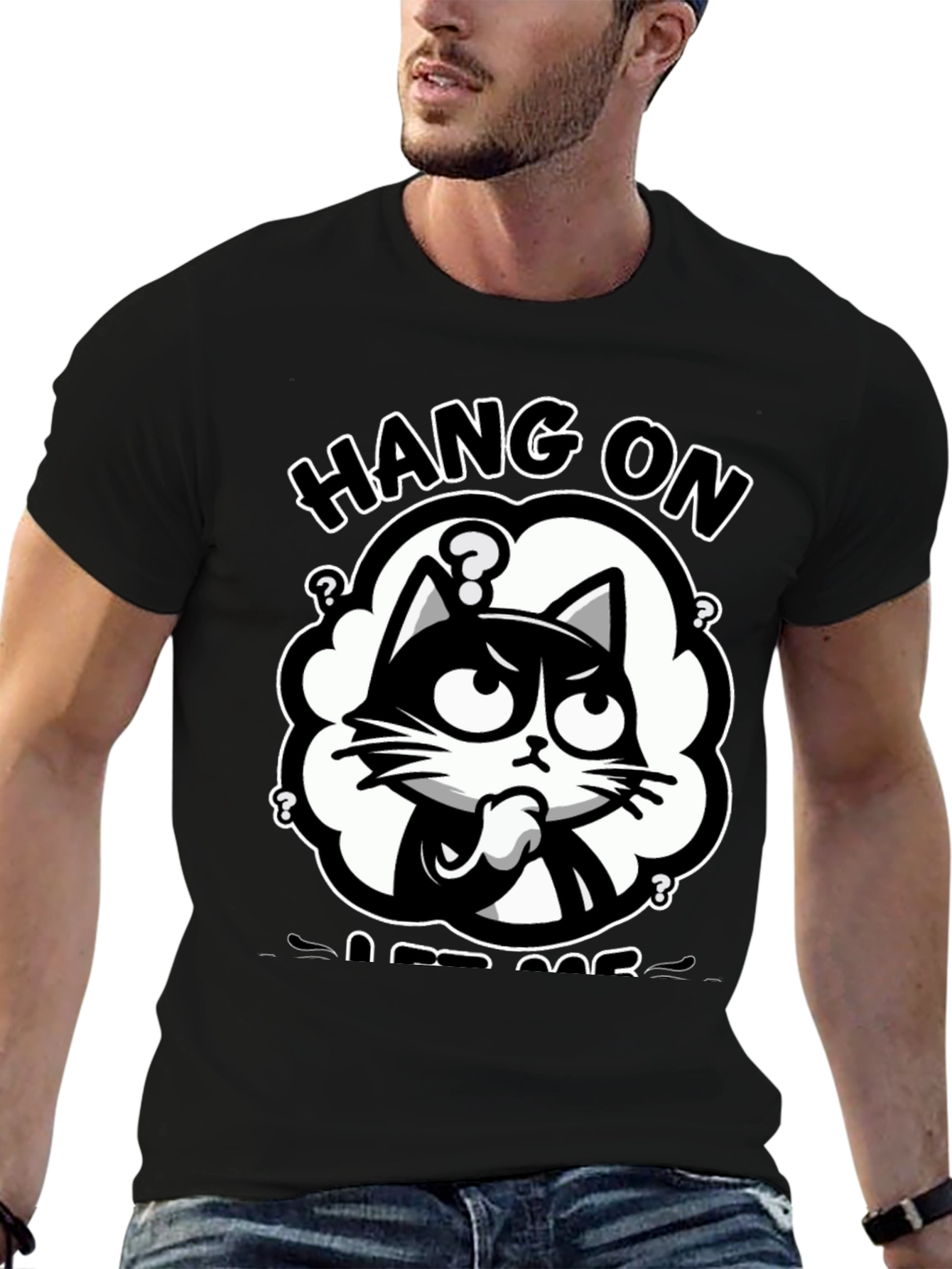 Black Hang On Let Me Overthink Cat T-Shirt view 6