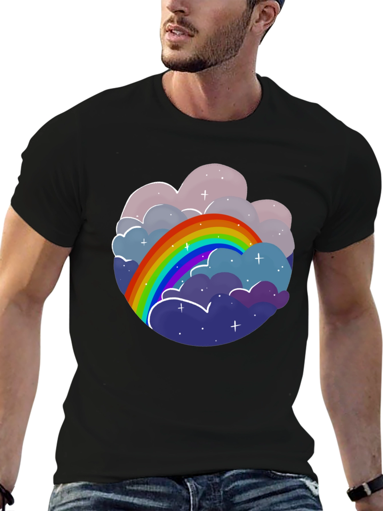Black Rainbow Cloud Graphic Tee - Unisex Cotton T-Shirt view 6