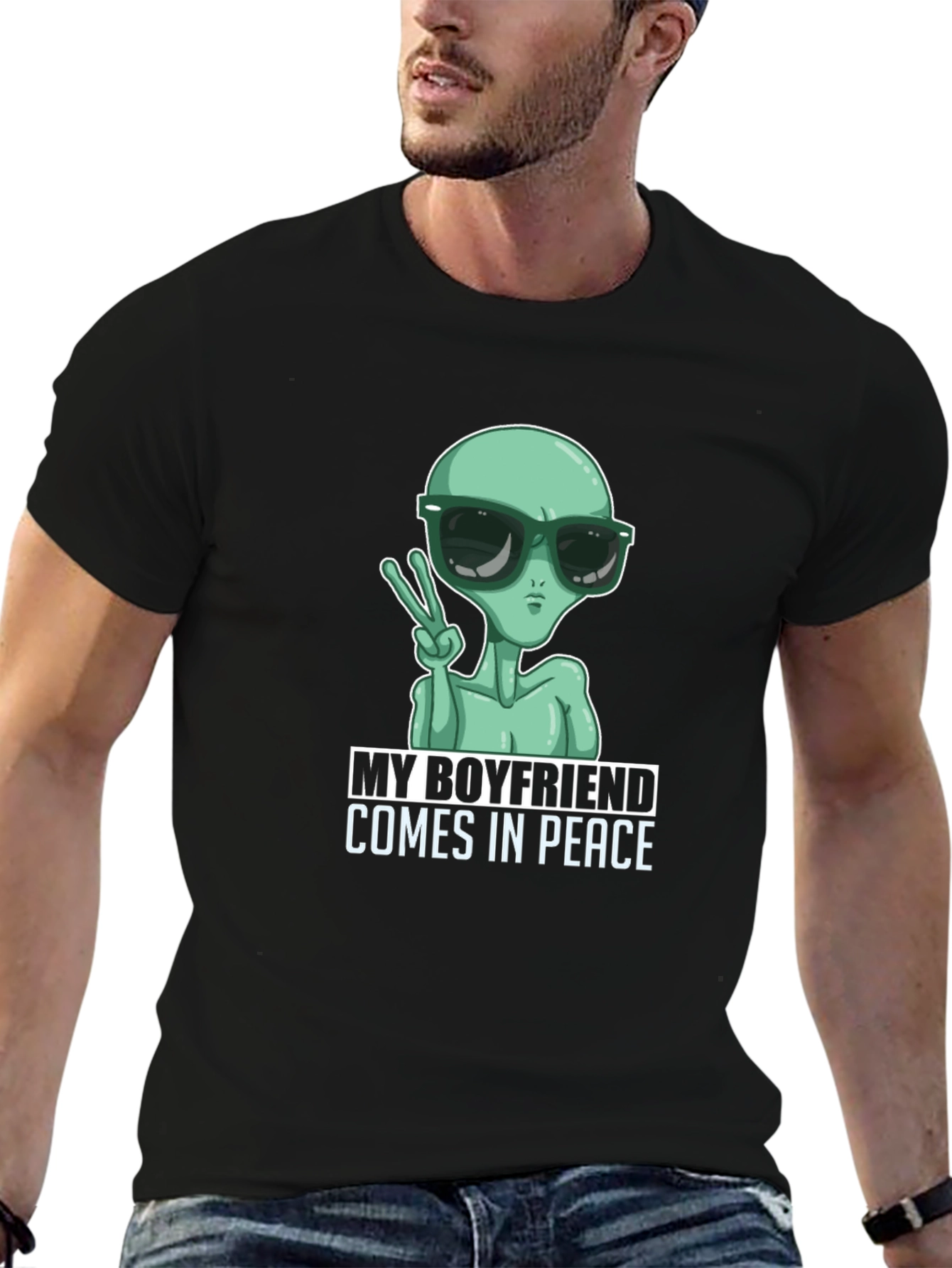 Black My Boyfriend Comes In Peace Alien Graphic Tee view 6