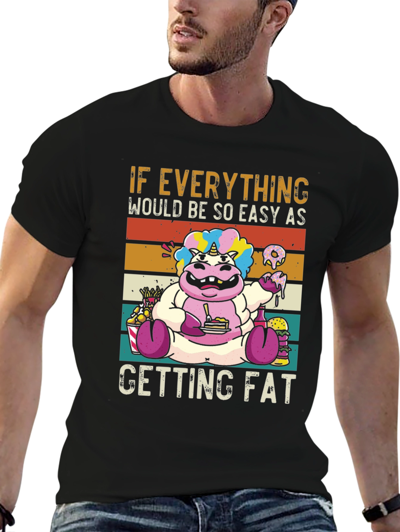 Black Funny Unicorn Hippo Easy Getting Fat Graphic T-Shirt view 6