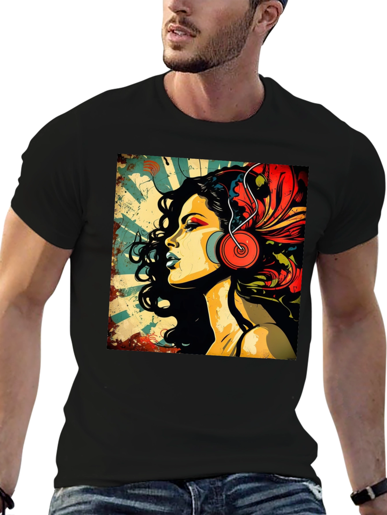 Black Retro Woman with Headphones Graphic Tee view 6