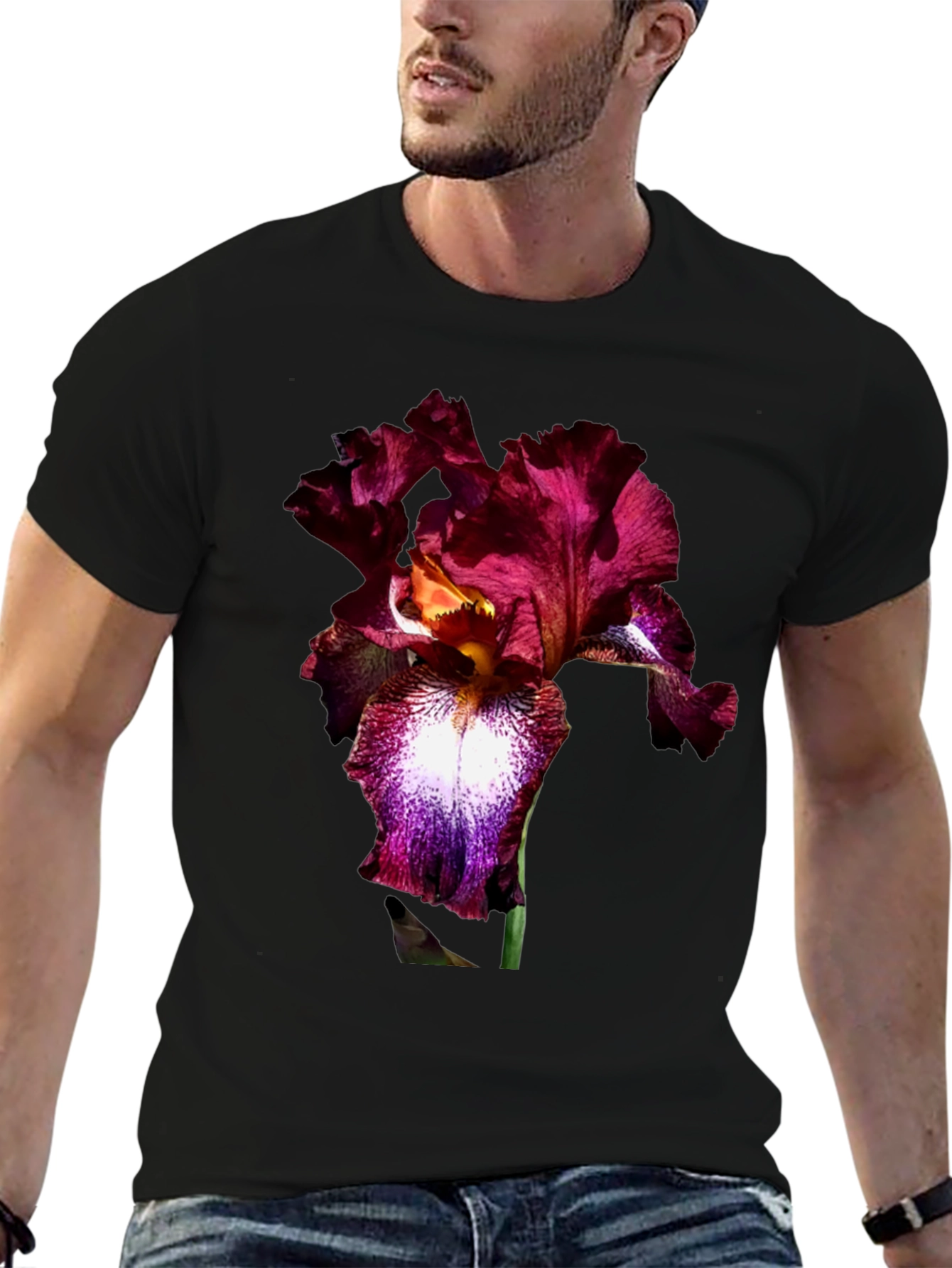 Black Floral Iris Print Black T-Shirt view 6