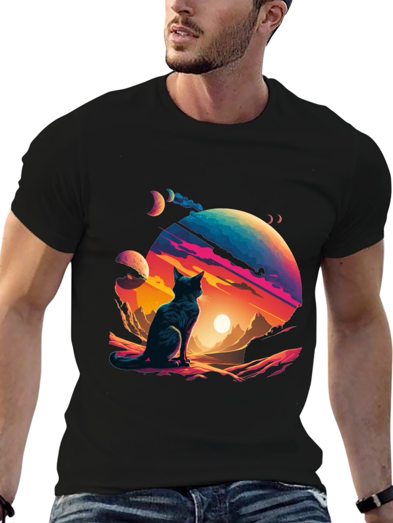 Black Cosmic Cat T-Shirt - Stylish Galaxy Design view 6