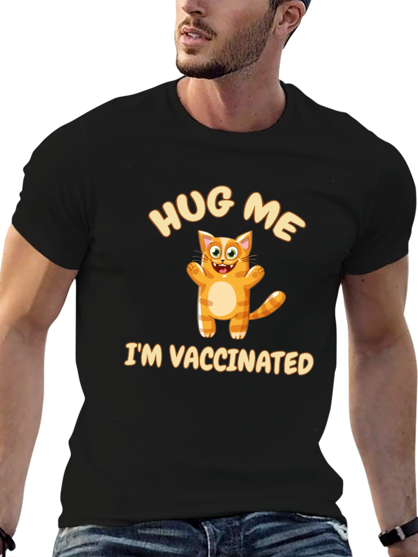 Black Hug Me I'm Vaccinated Cat Graphic T-Shirt view 6