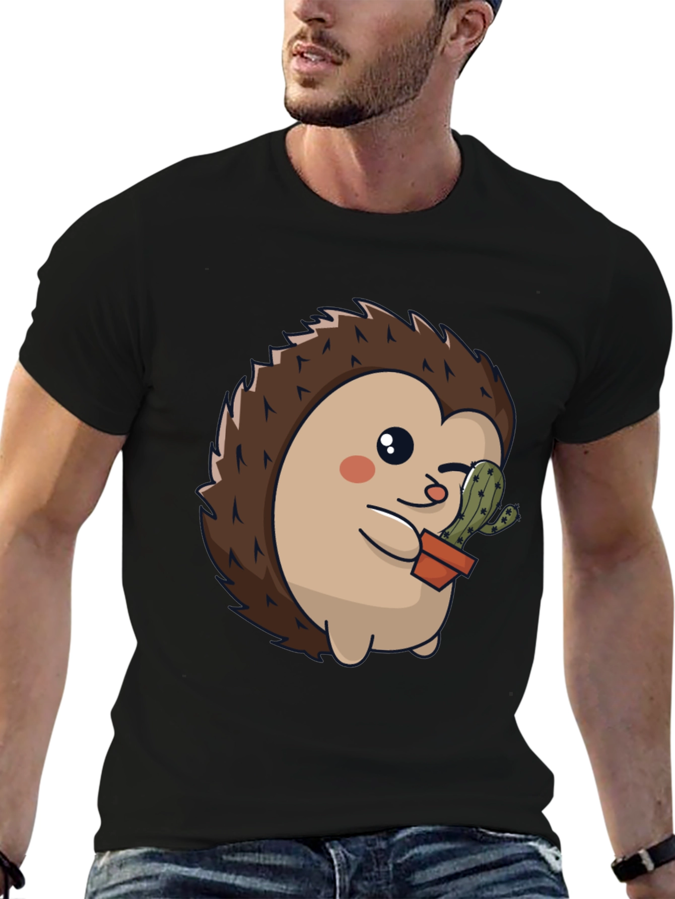 Black Cute Hedgehog with Cactus Graphic Tee view 6