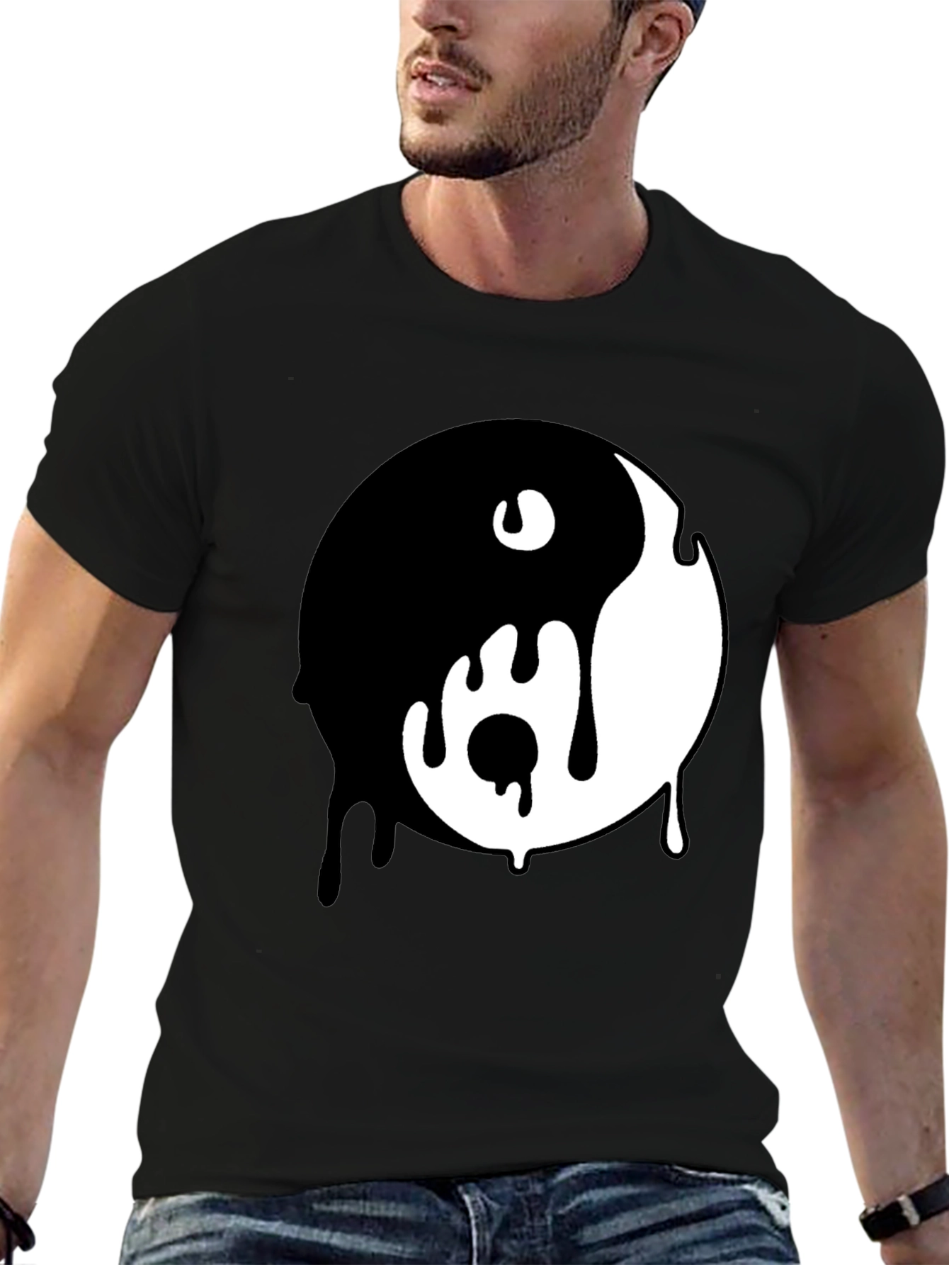 Black Dripping Yin Yang Graphic Tee - Black Cotton Blend view 6