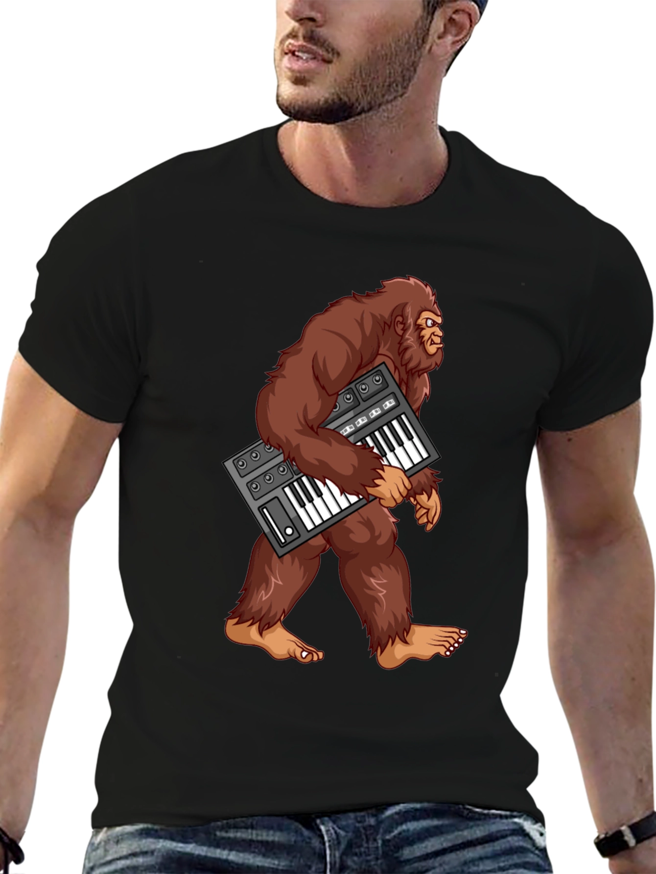 Black Sasquatch Synthesizer T-Shirt - Bigfoot Keyboard Tee view 6