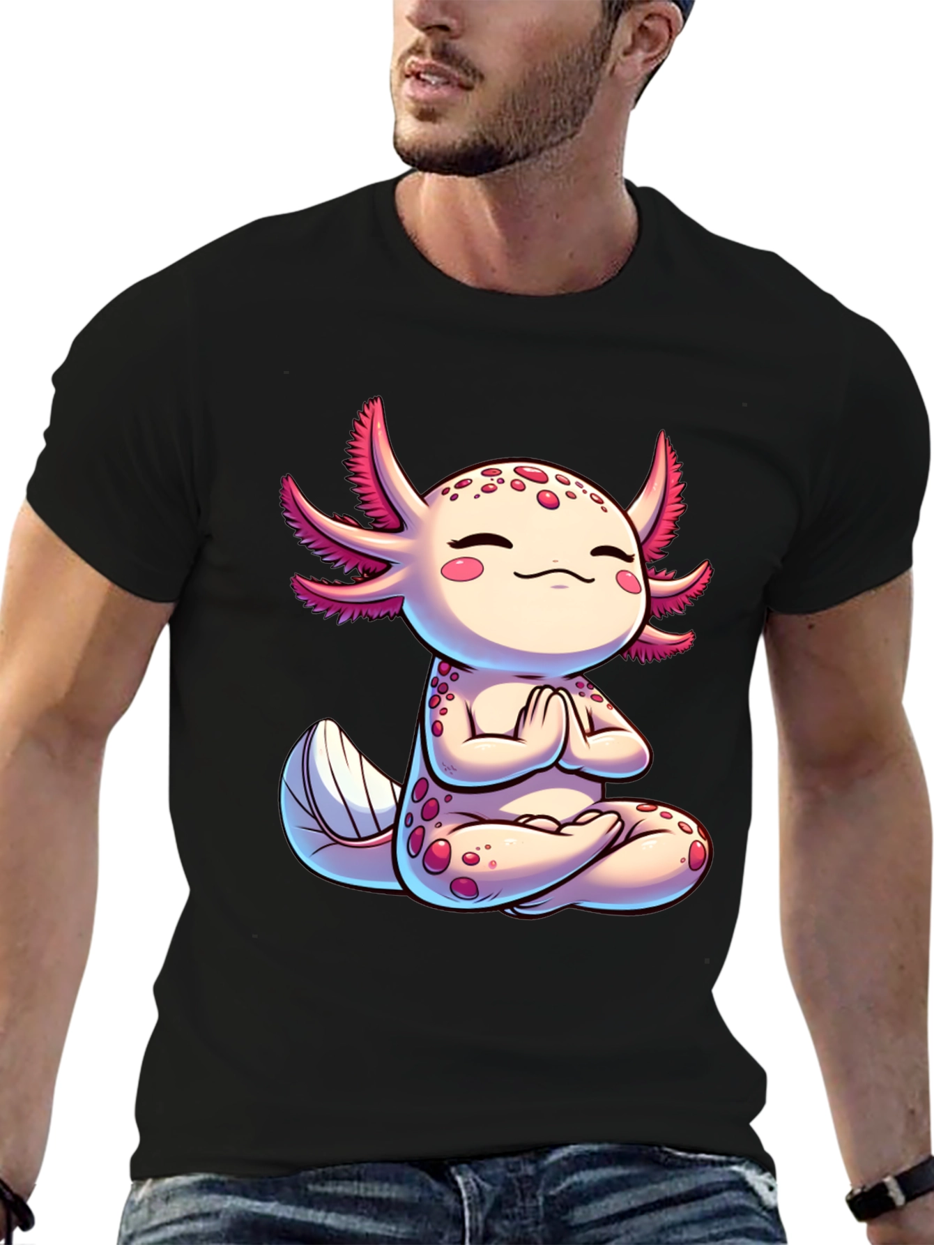 Black Zen Axolotl T-Shirt - Meditating Cute Amphibian view 6