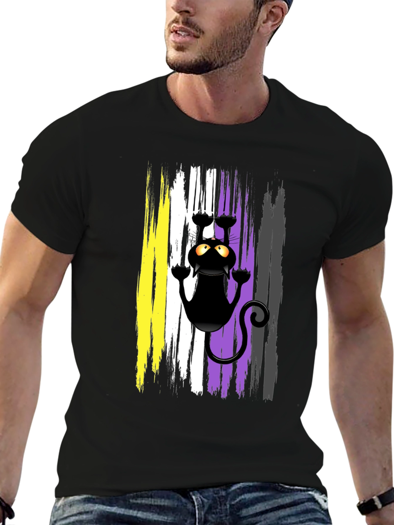 Black Non-Binary Pride Cat T-Shirt view 6