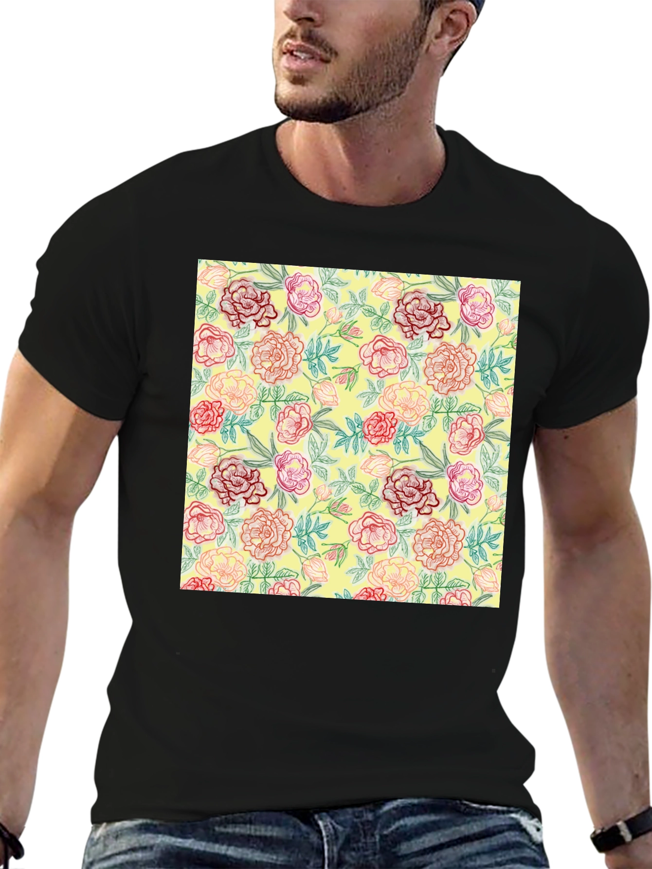 Black Floral Print Crew Neck T-Shirt view 6
