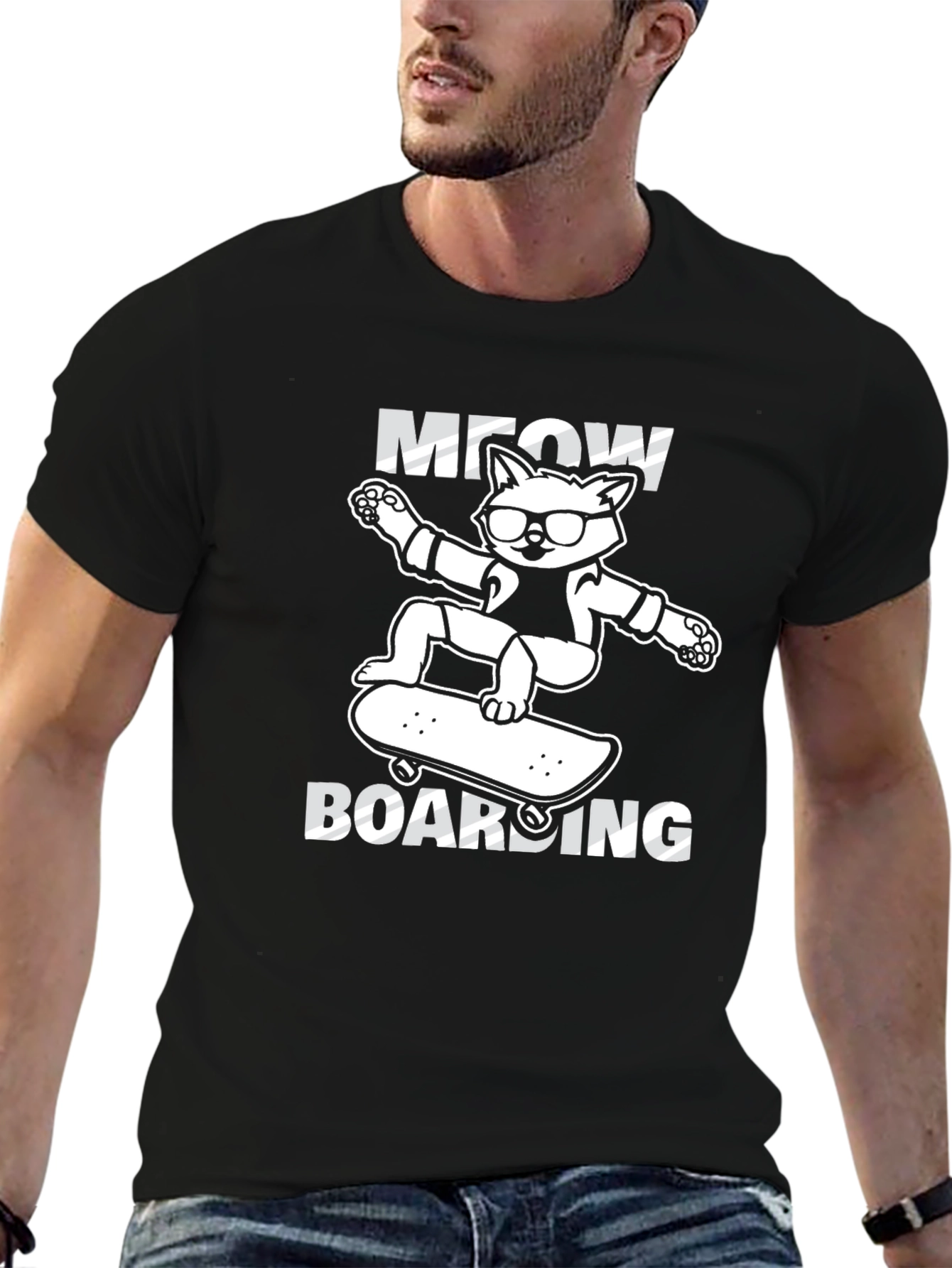 Black Meow Boarding T-Shirt: Skateboard Cat Tee view 6