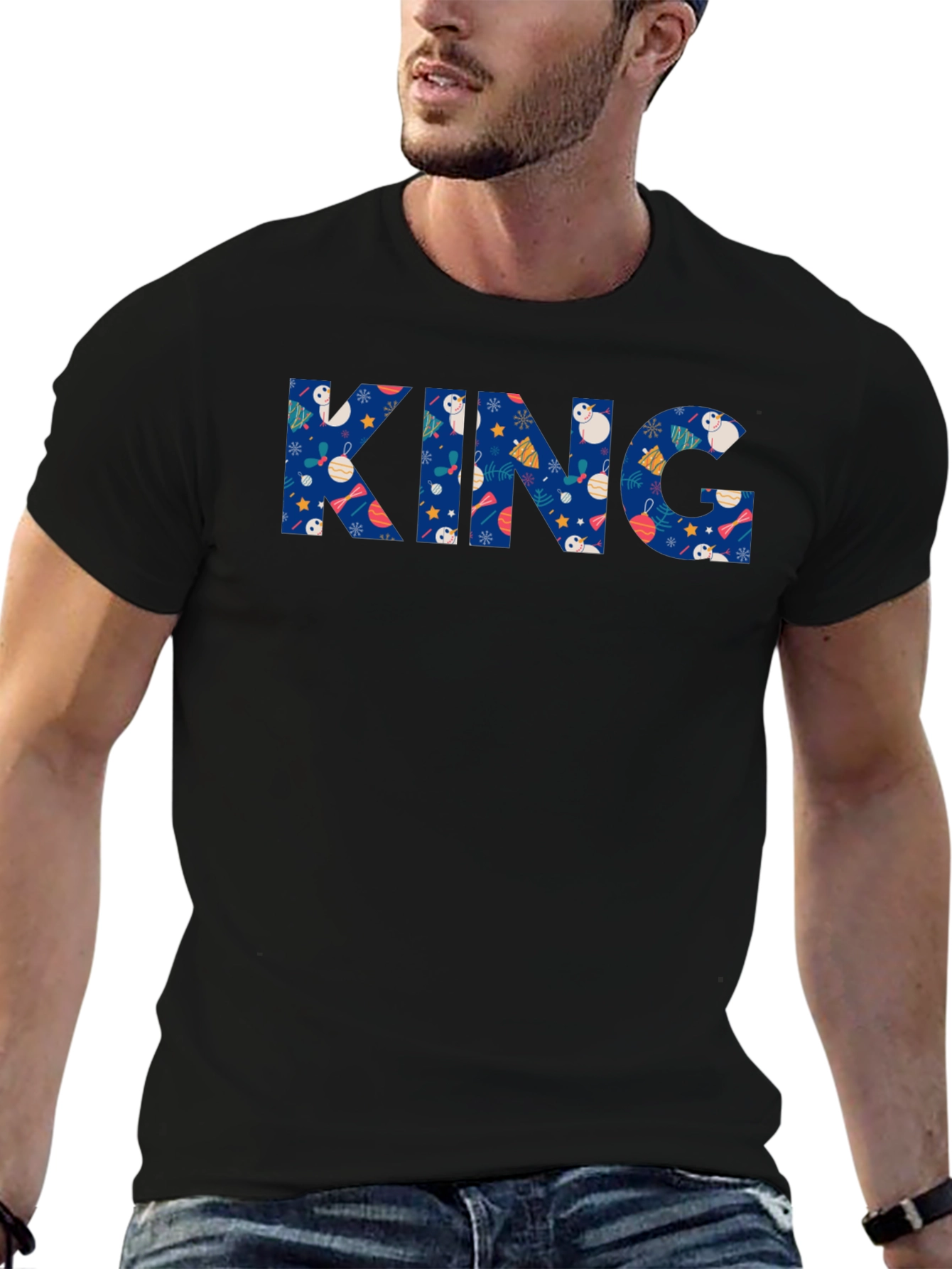 Black Festive King Holiday T-Shirt - Black Crew Neck view 6