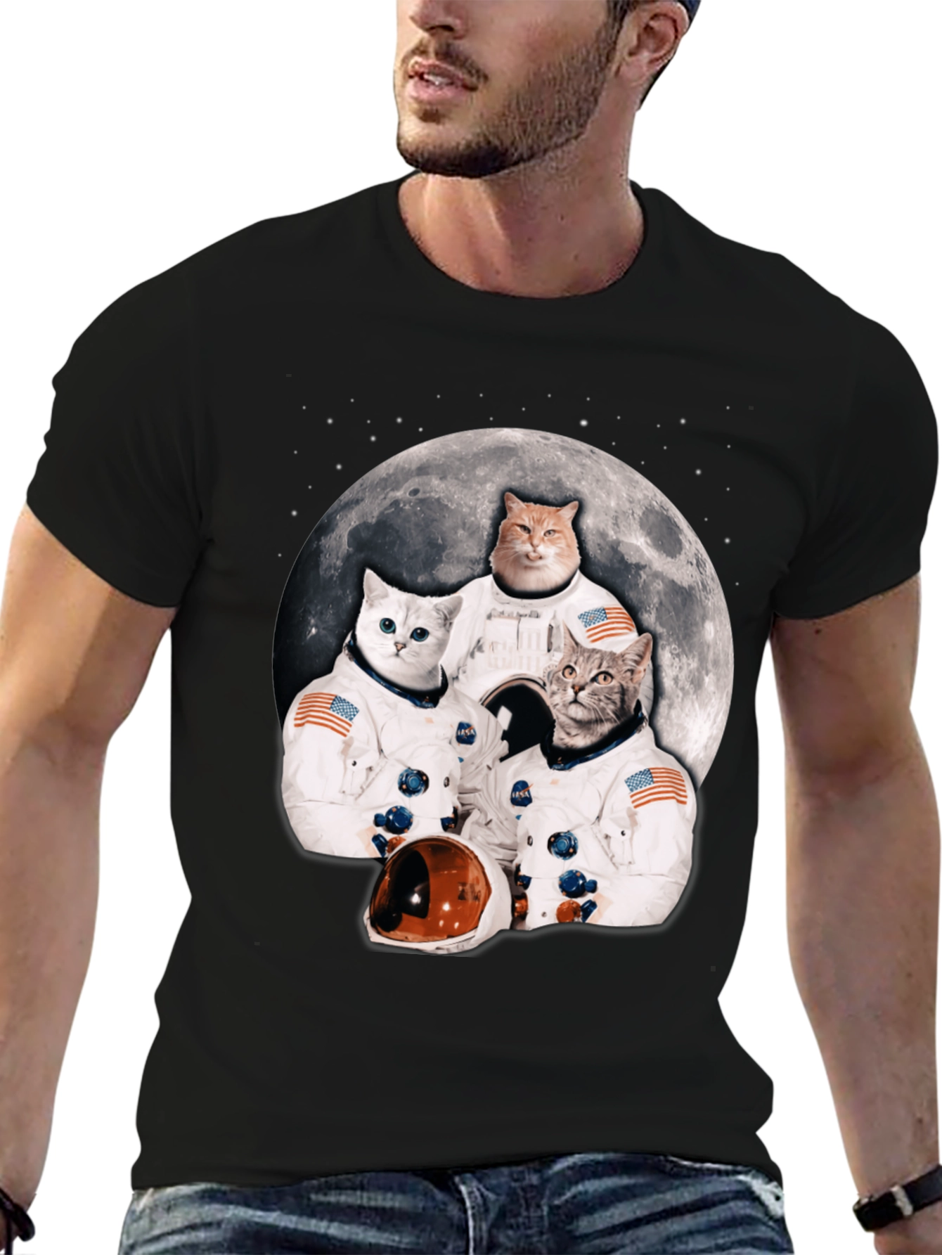 Black Cats in Space T-Shirt - Novelty Crew Tee view 6