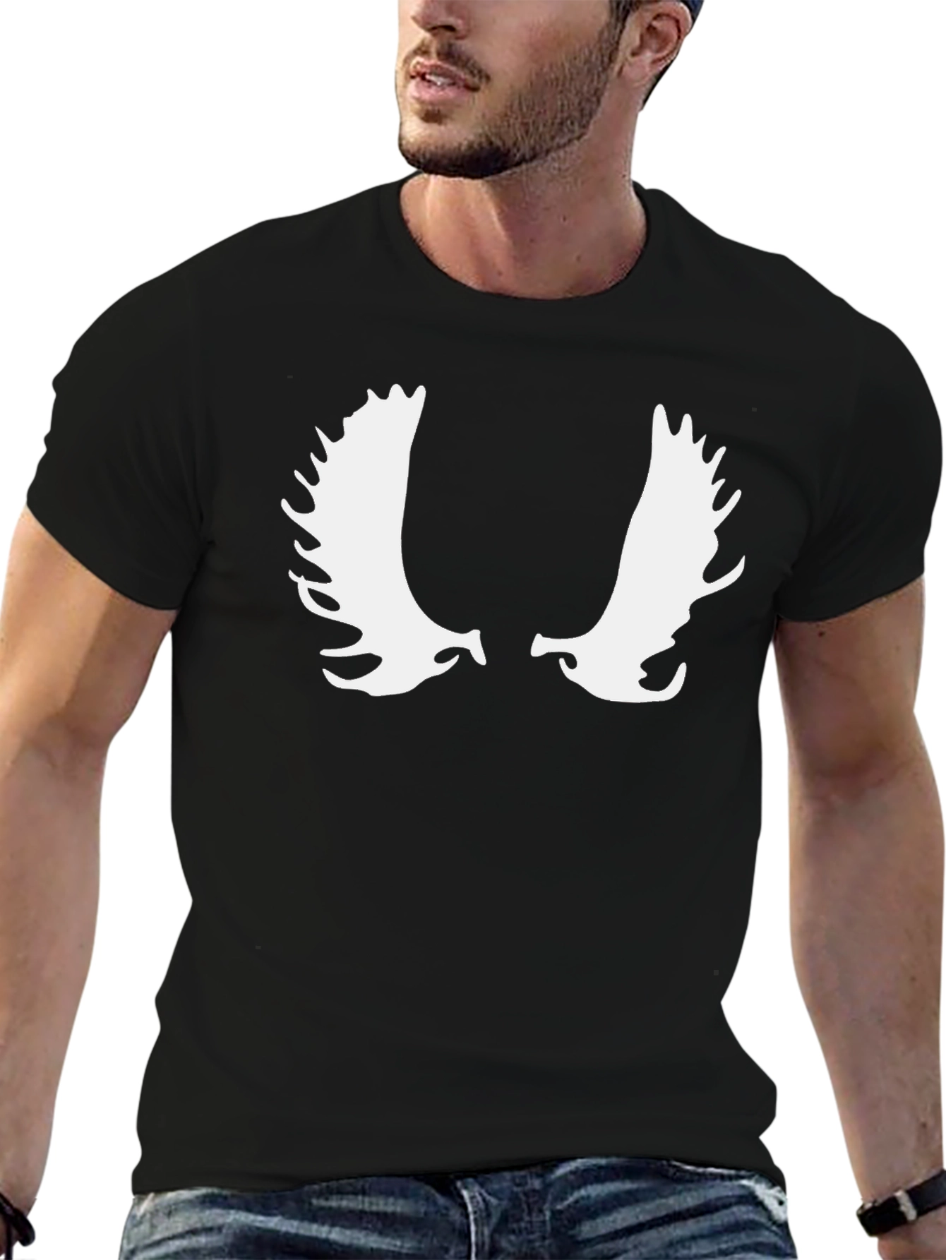 Black Moose Antler Graphic Tee - Black Cotton Casual T-Shirt view 6