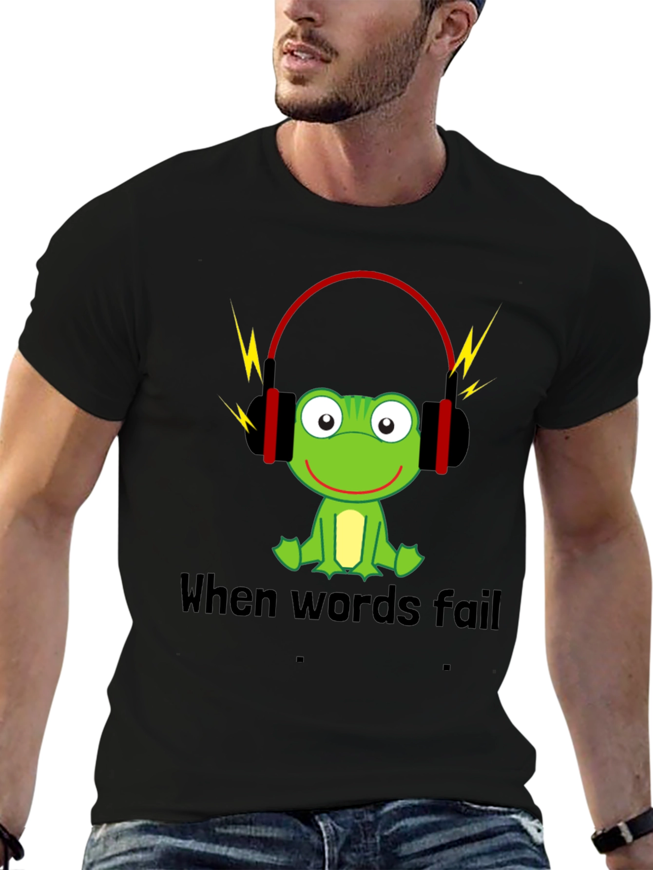 Black Funny Frog Music T-Shirt - When Words Fail, Music Speaks view 6