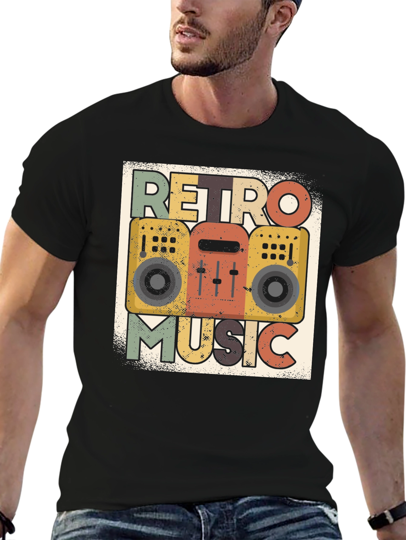 Black Retro Music Graphic Tee - Vintage Boombox T-Shirt view 6