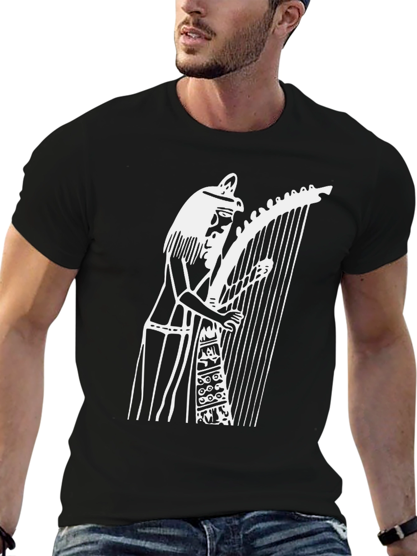 Black Egyptian Harp Player Graphic T-Shirt - Black view 6