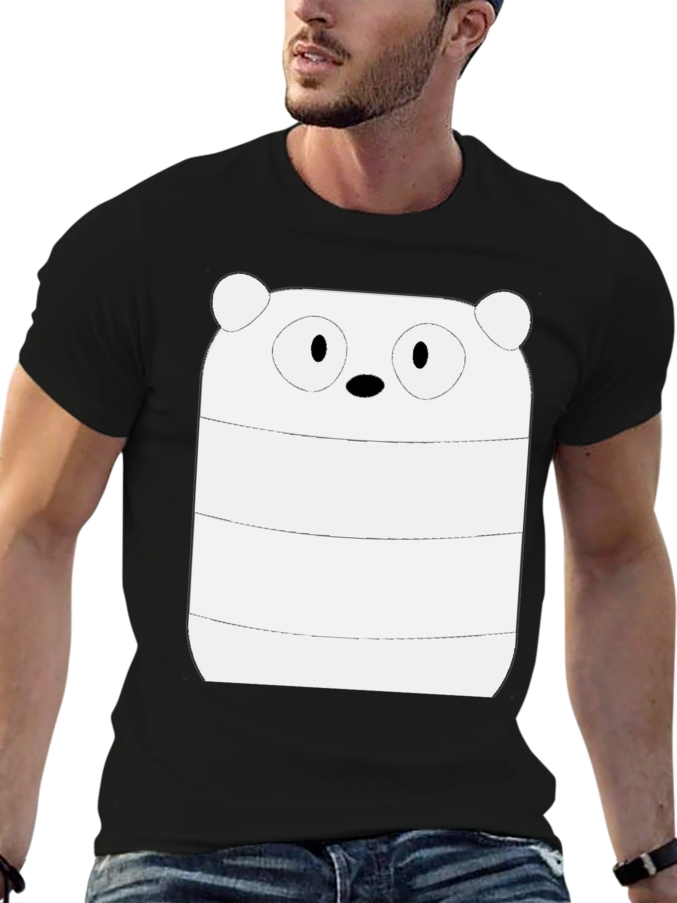 Black Cartoon Bear Graphic Tee - Men's Black Cotton T-Shirt view 6