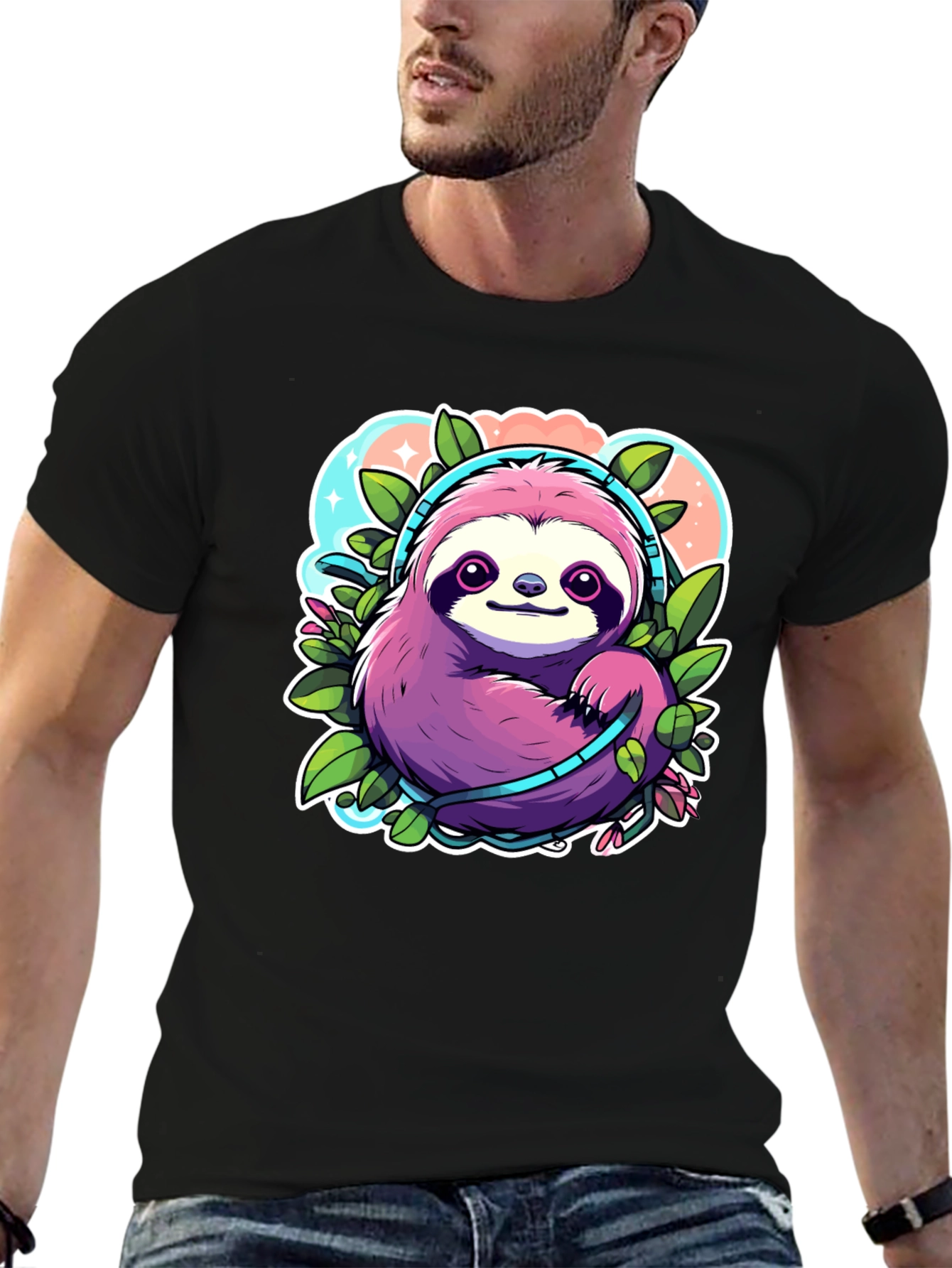 Black Sloth Headphones Graphic Tee - Cute Cartoon Animal Shirt view 6