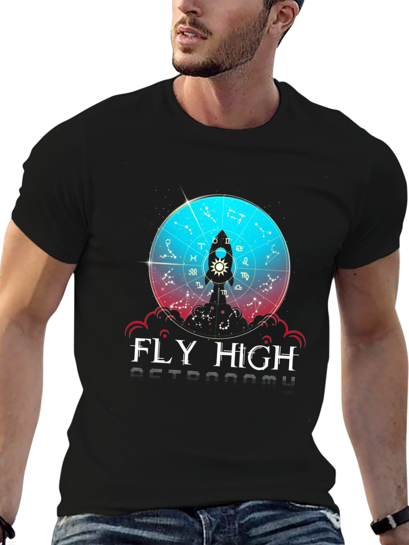 Black Fly High Astronomy T-Shirt - Zodiac Rocket Design view 6