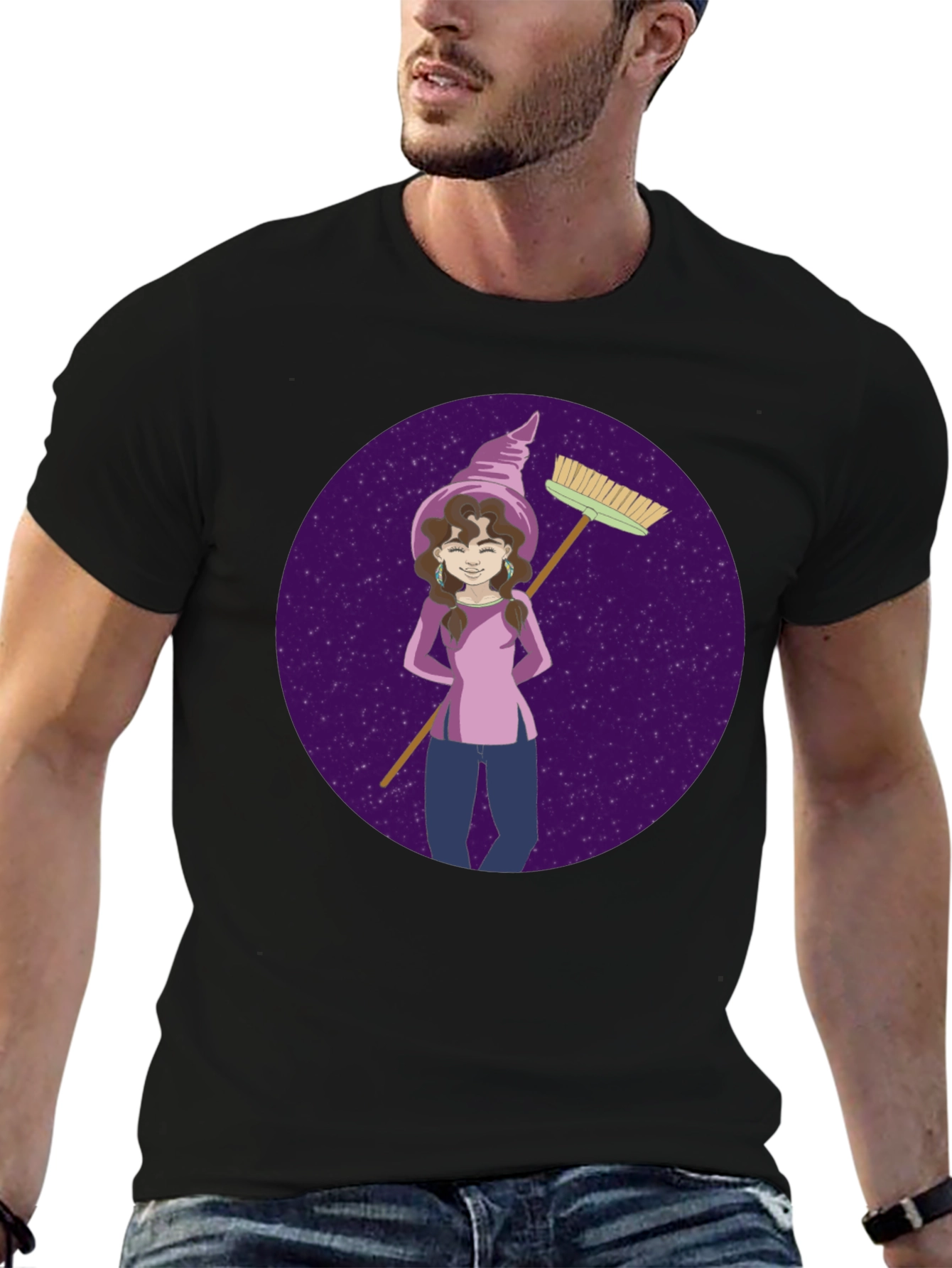 Black Whimsical Witch Graphic Tee - Broom & Stars Design view 6