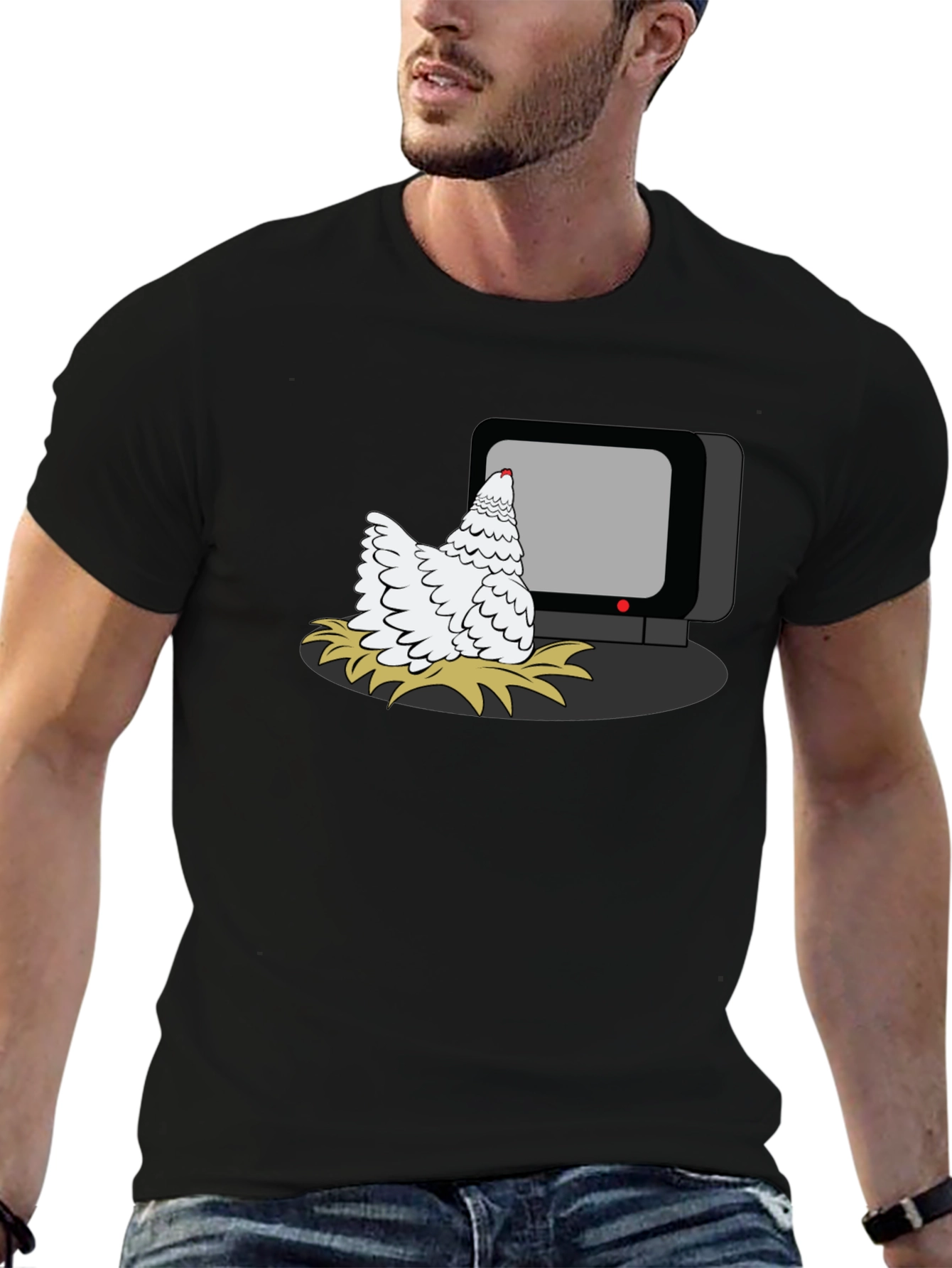 Black Chicken Watching TV Graphic T-Shirt view 6
