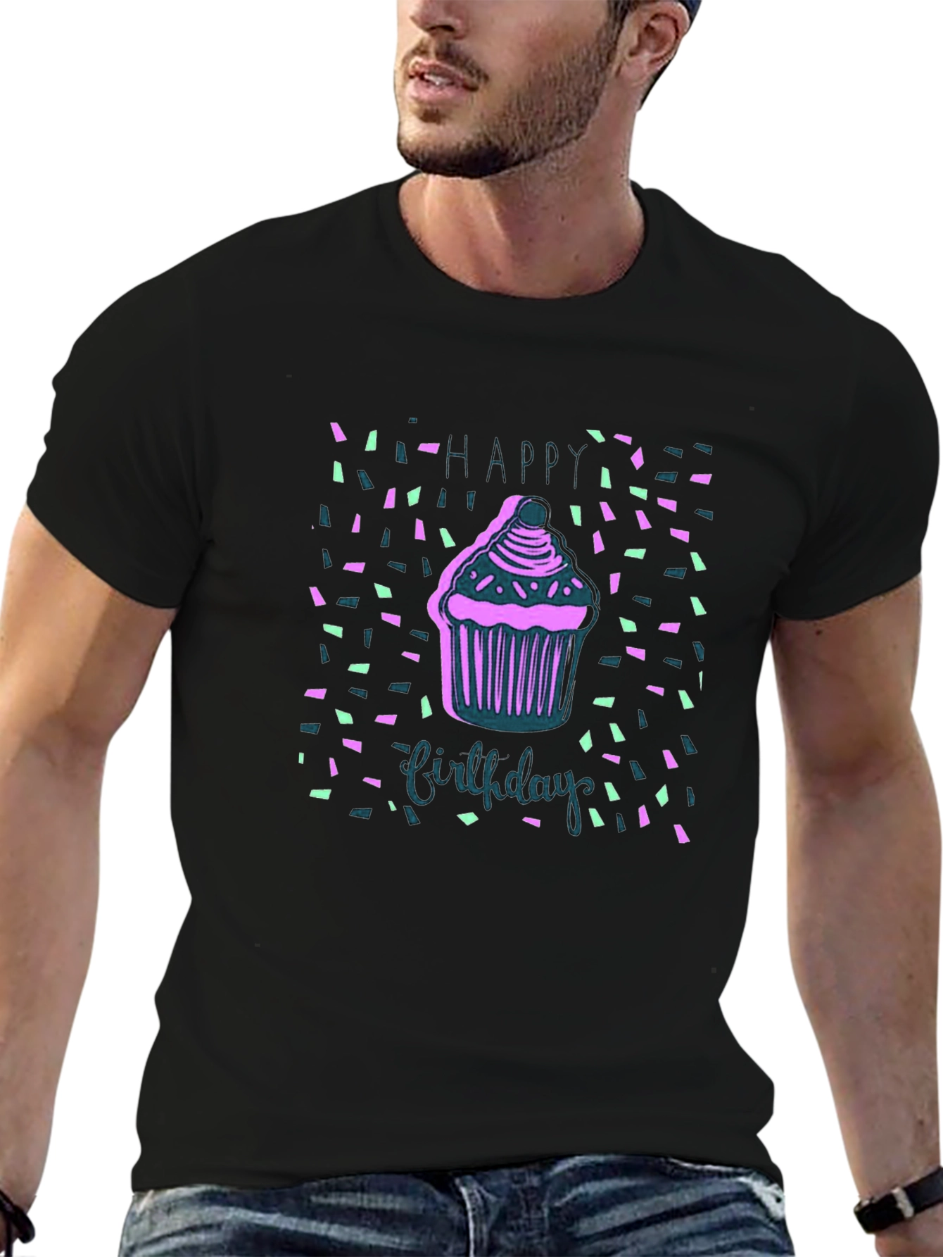 Black Happy Birthday Cupcake T-Shirt view 6