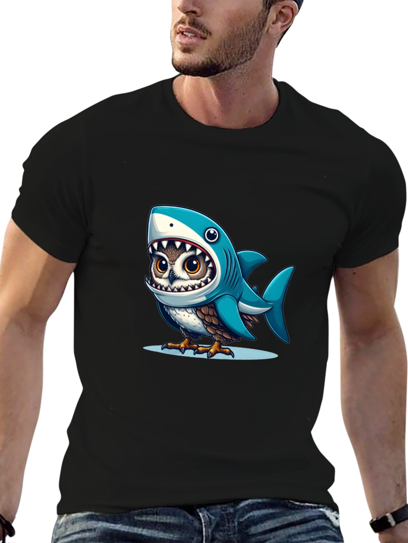 Black Shark Owl Graphic Tee - Unique Cartoon Design view 6