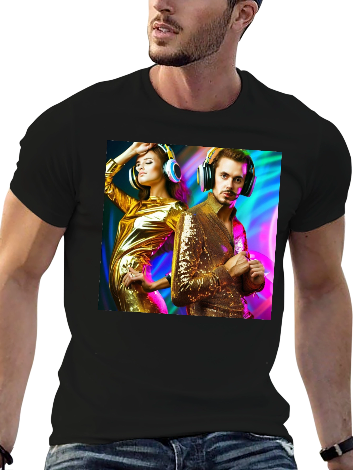 Black Retro Disco Couple Graphic T-Shirt view 6