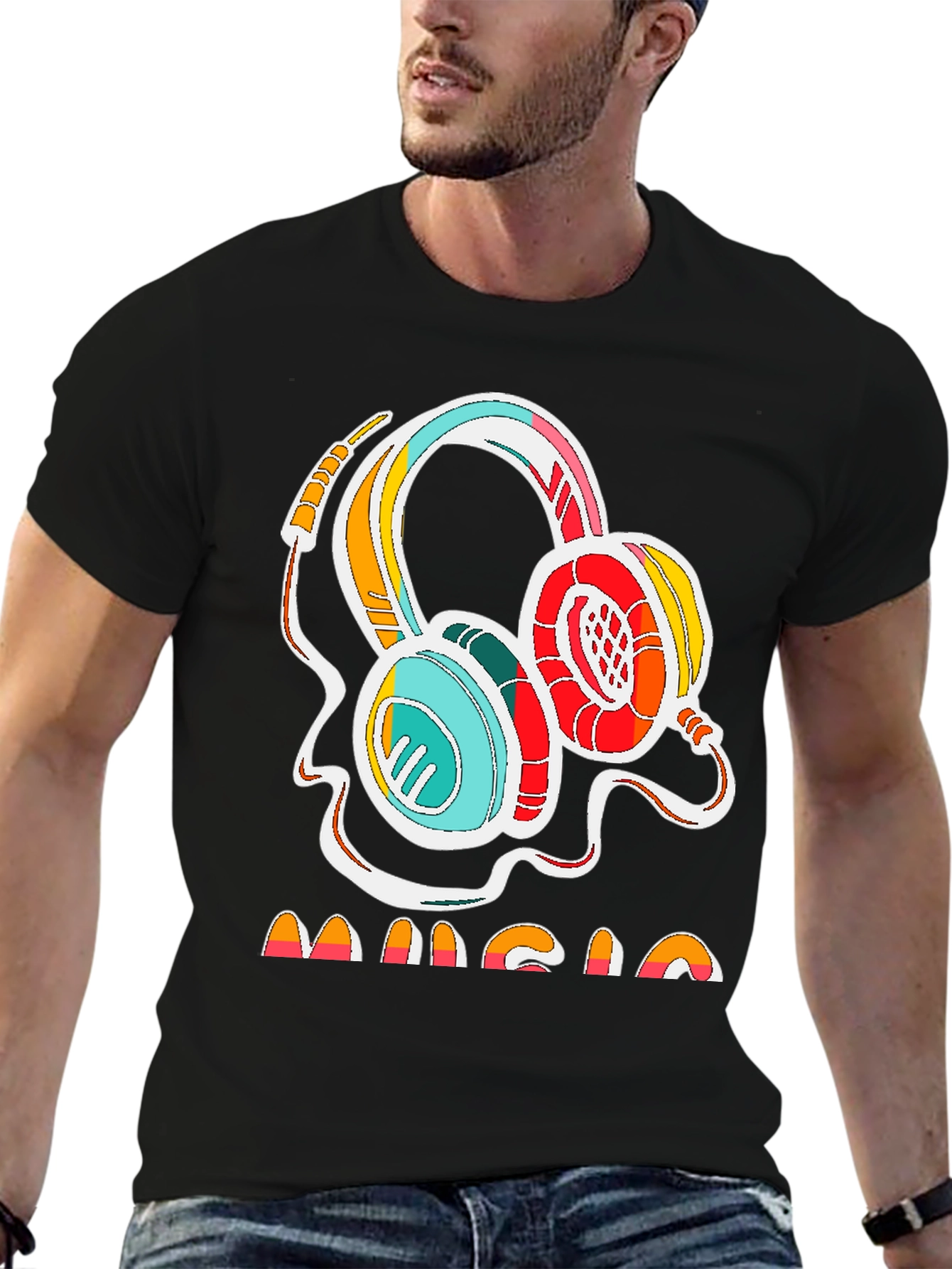 Black Retro Music Headphones Graphic Tee - Stylish Cotton Shirt view 6