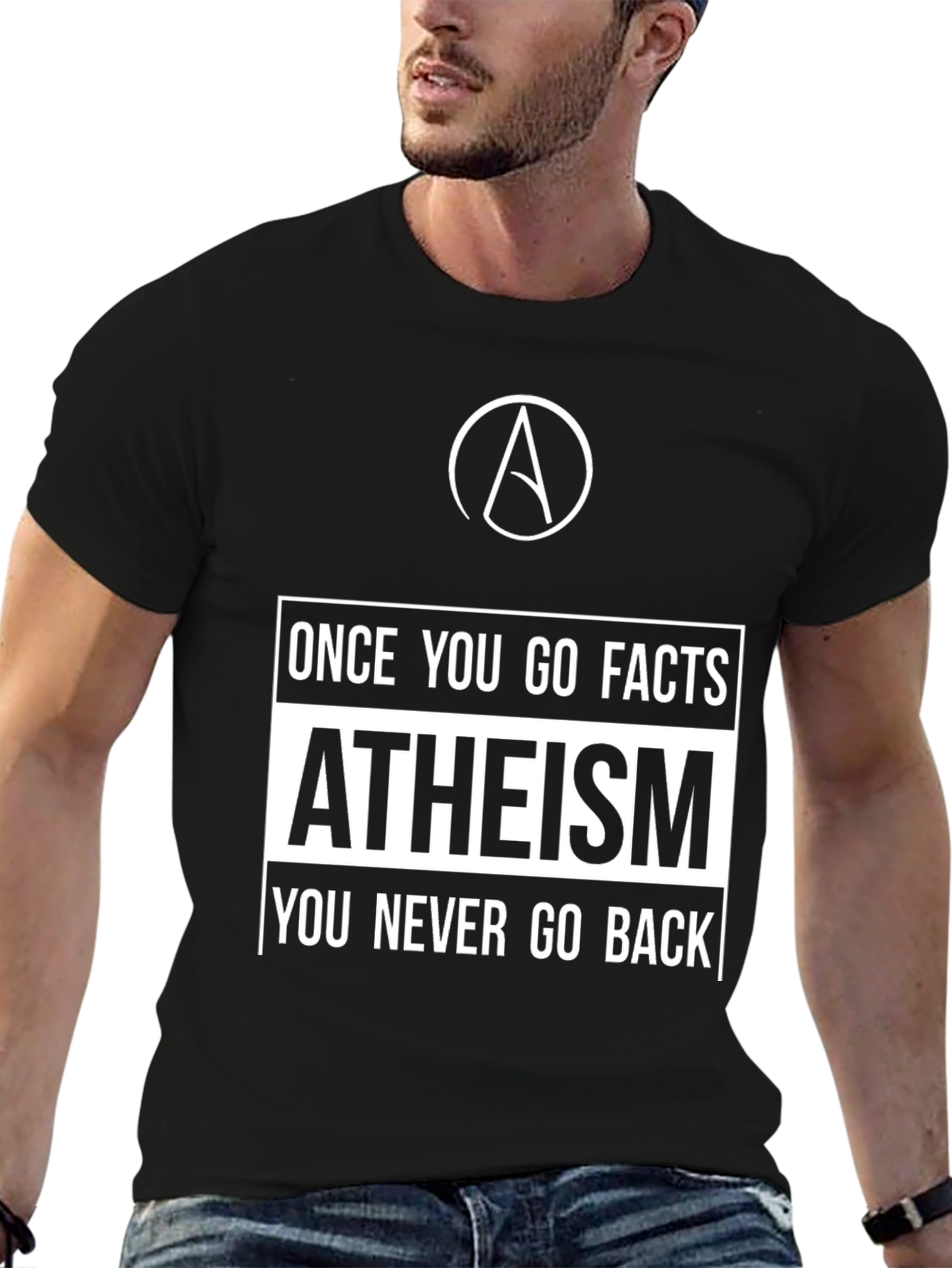 Black Atheism Facts Graphic T-Shirt - Never Go Back view 6