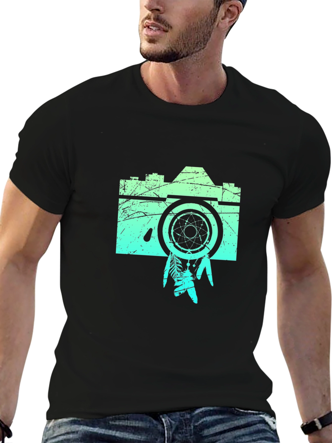 Black Retro Camera Graphic Tee -  Black Cotton Blend Shirt view 6
