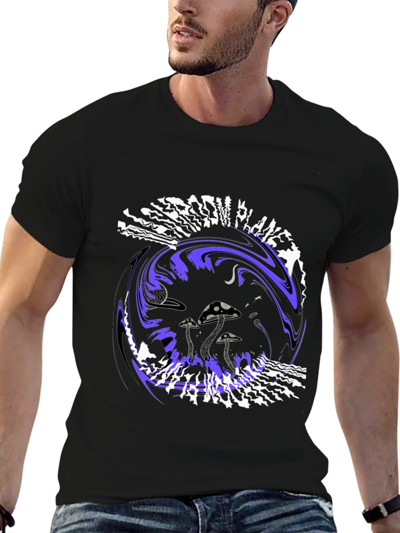 Black Mushroom Planet Graphic Tee - Black Crew Neck T-Shirt view 6