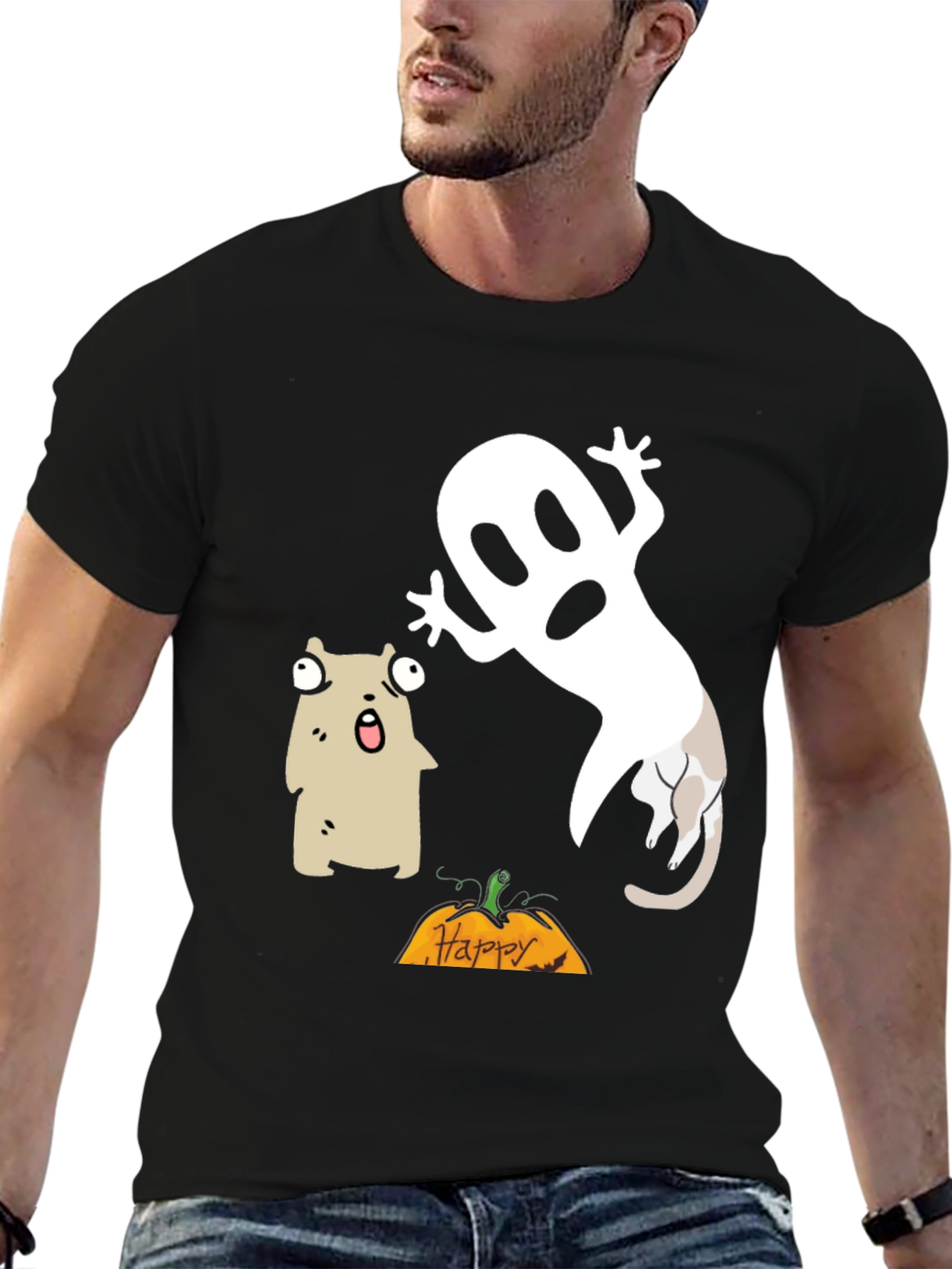 Black Halloween Ghost & Cat T-Shirt view 6