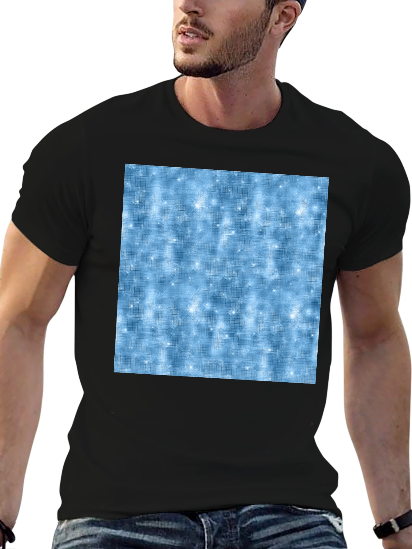Black Celestial Blue Pattern Black T-Shirt view 6