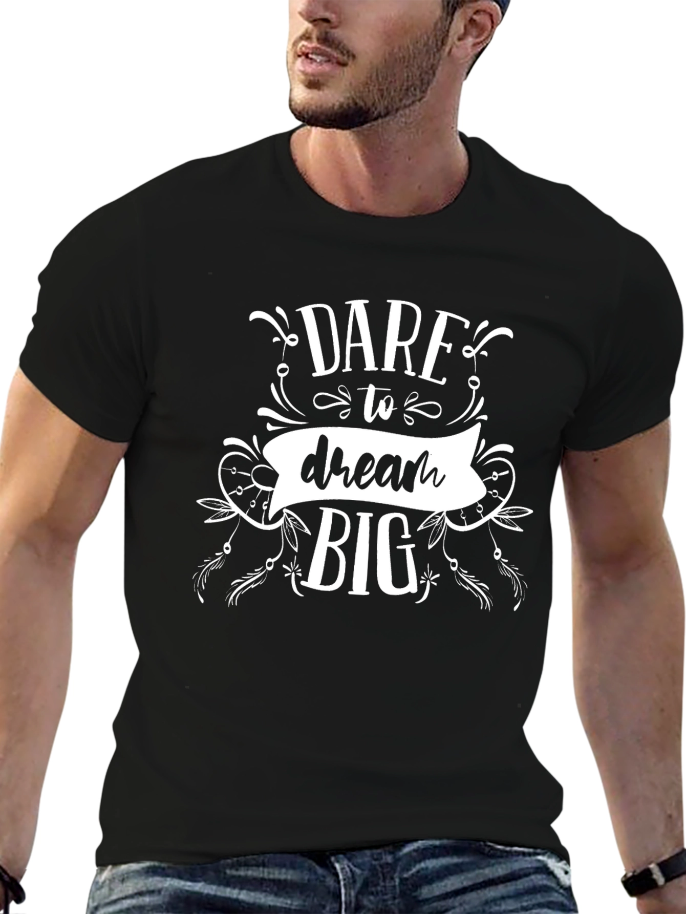 Black Dare to Dream Big Graphic Tee - Black Cotton T-Shirt view 6