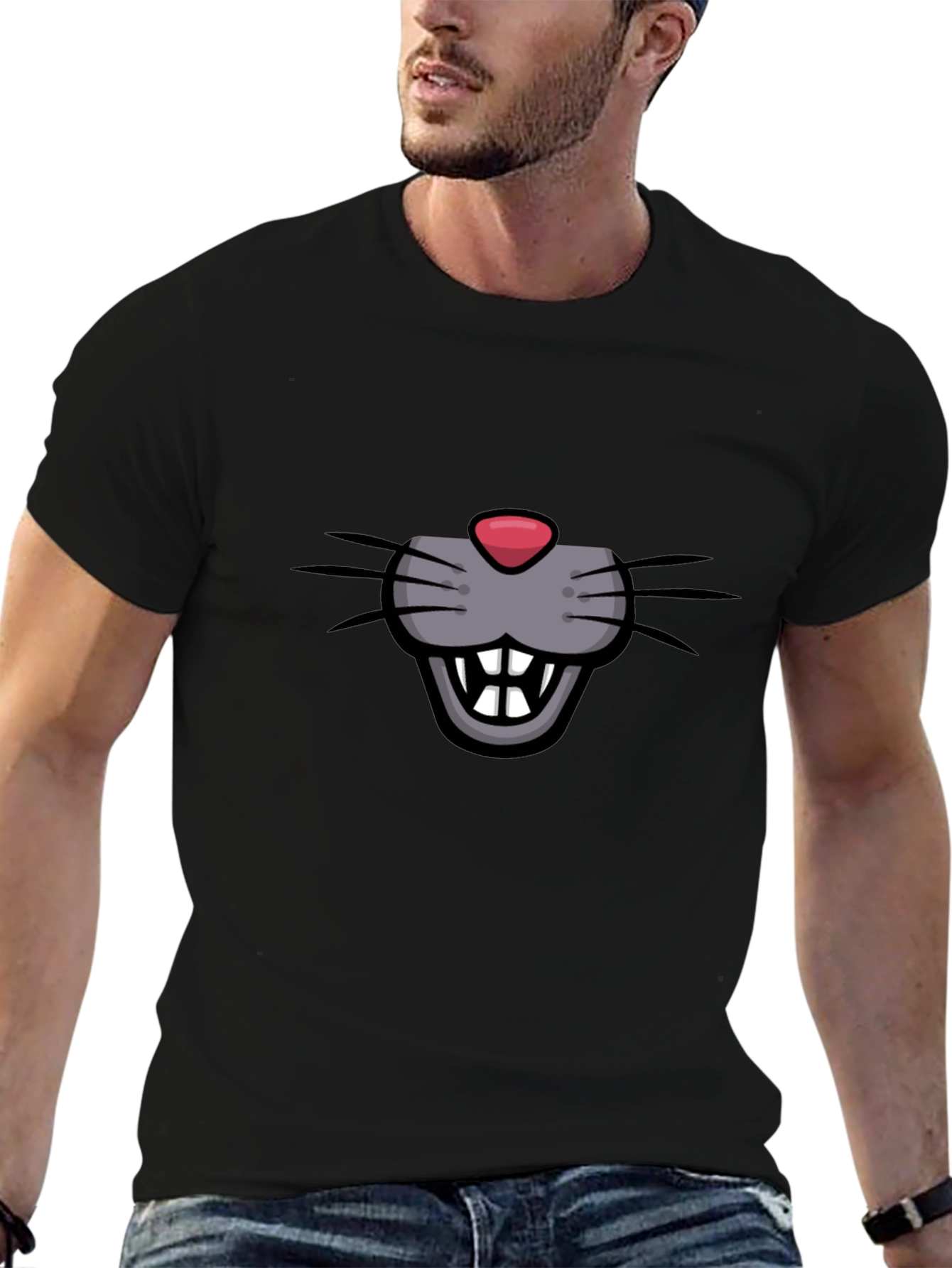 Black Funny Cartoon Mouse Face Graphic Black T-Shirt view 6