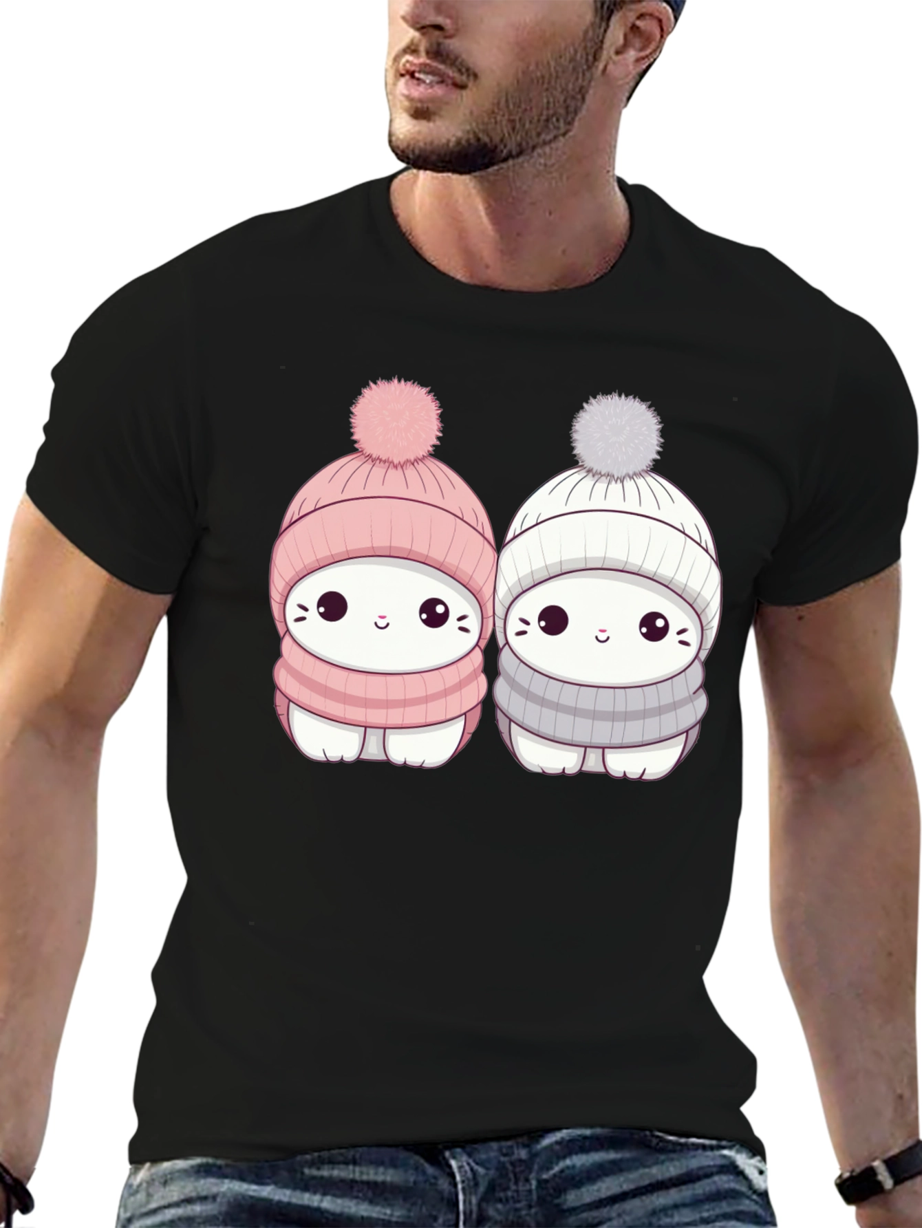 Black Cute Winter Cat T-Shirt view 6