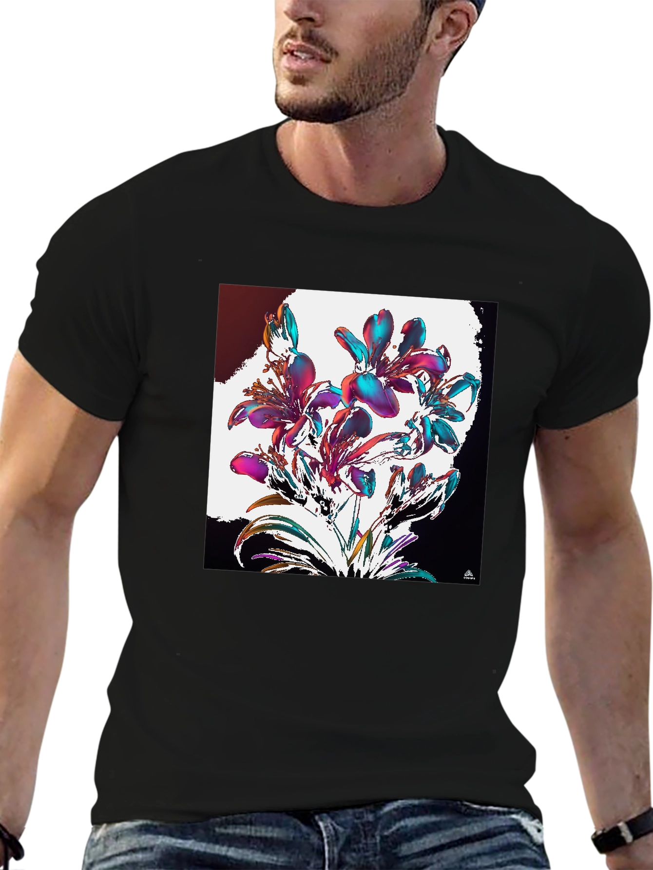 Black Floral Abstract Graphic Black T-Shirt view 6