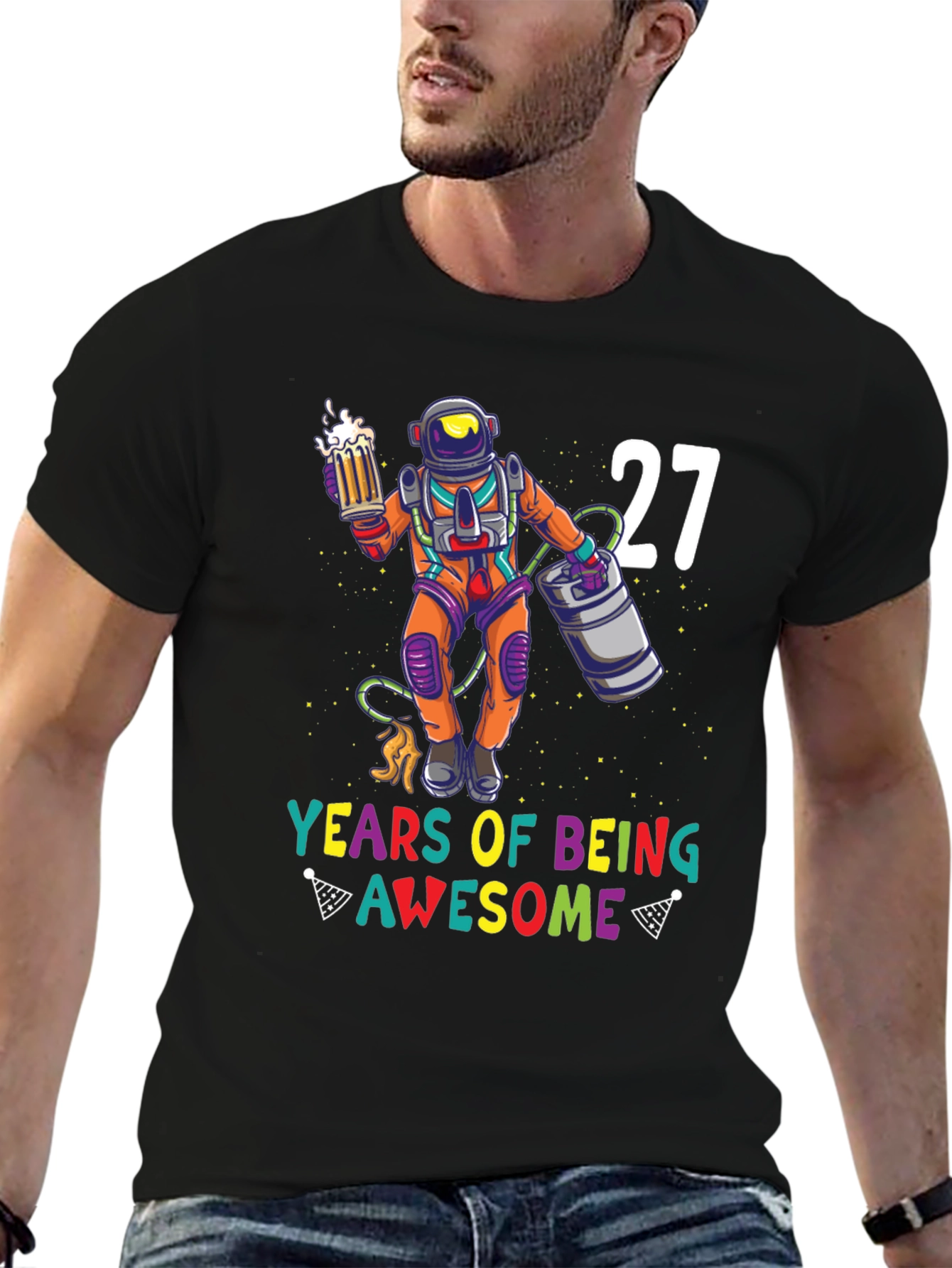Black 27th Birthday Astronaut Beer T-Shirt view 6
